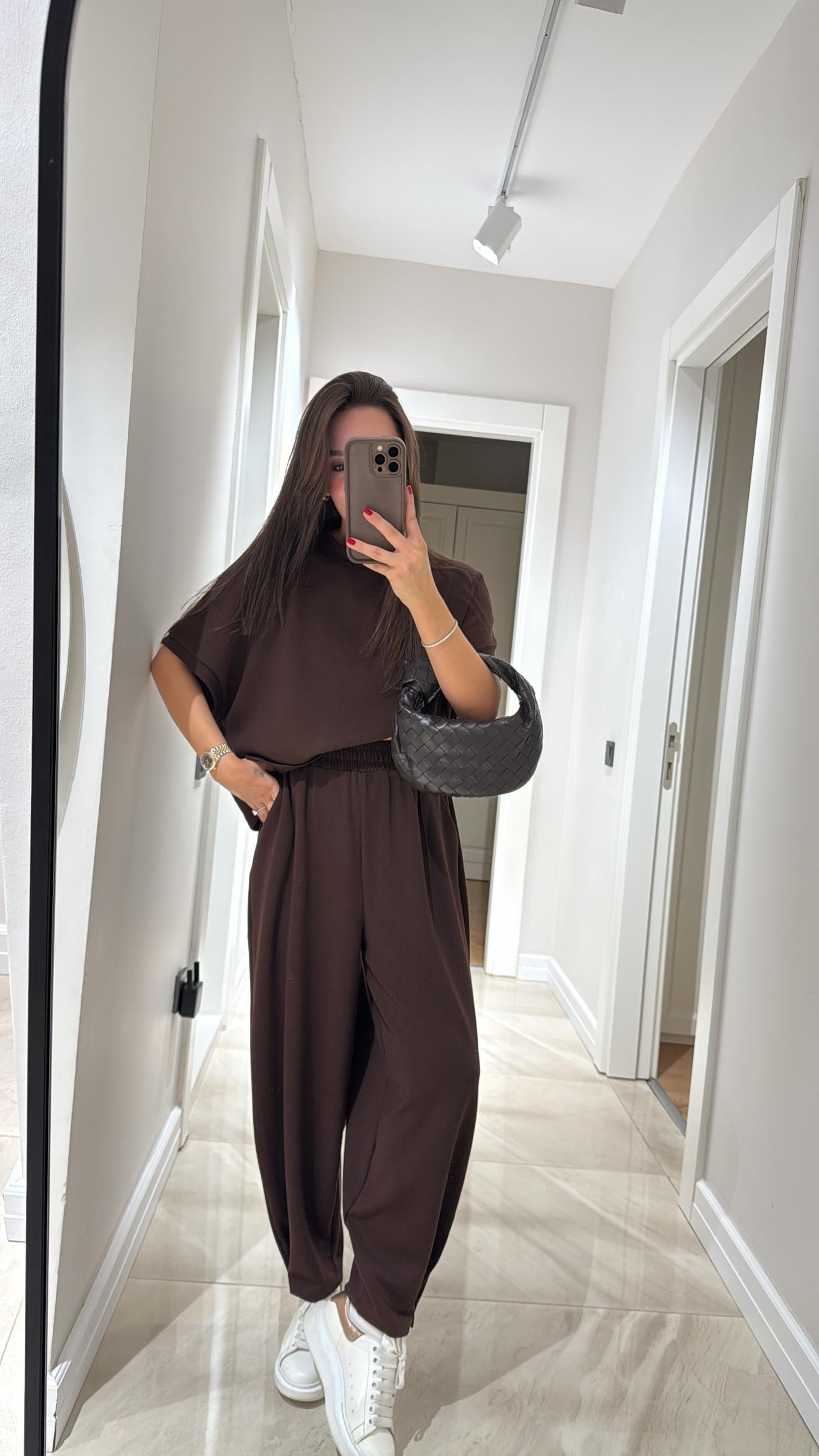 Acı Kahve Bisiklet Yaka Modal Şalvar Pantolon Takım