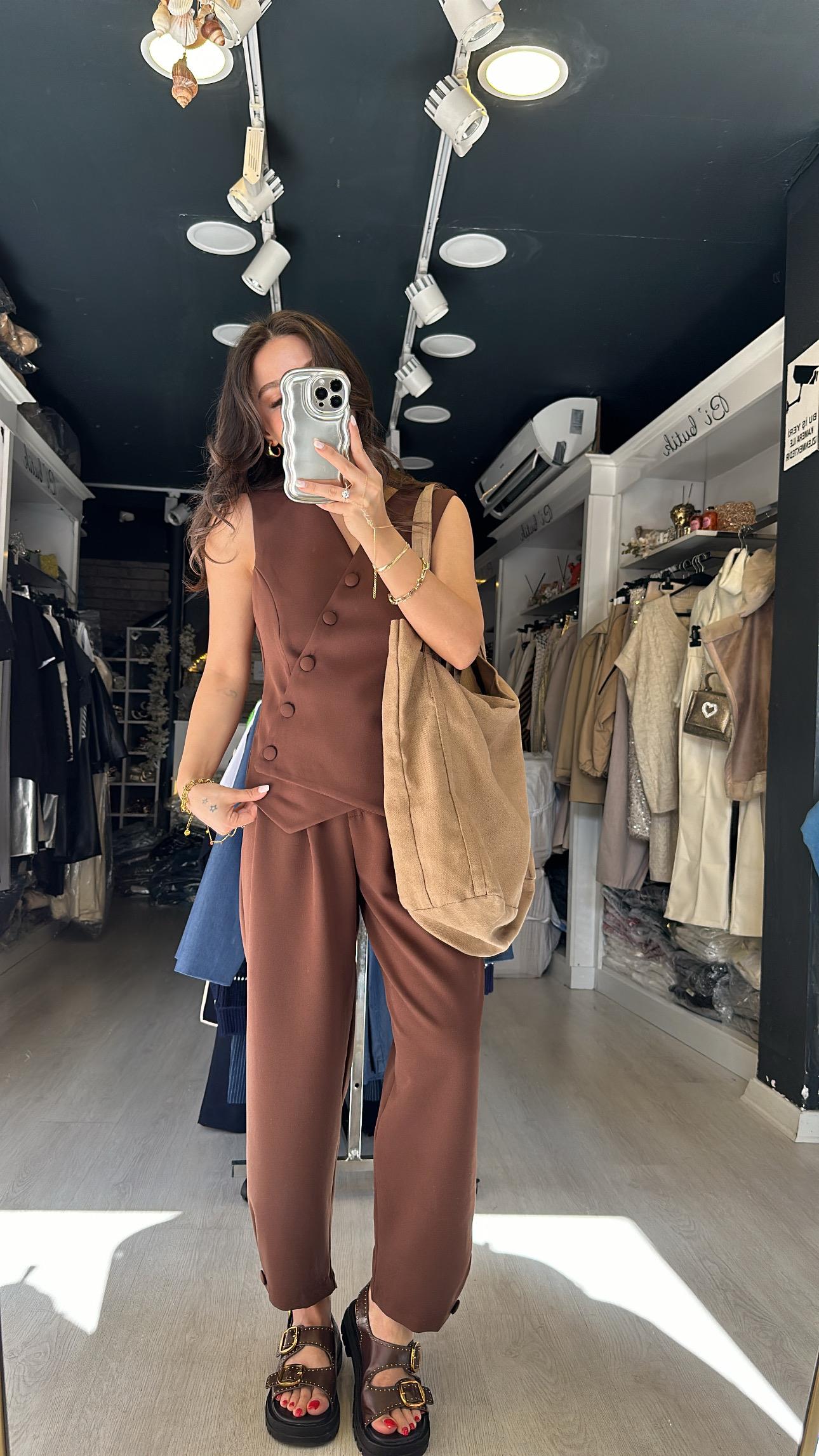 Acı Kahve Çapraz Düğmeli  Şalvar Pantolon Takım