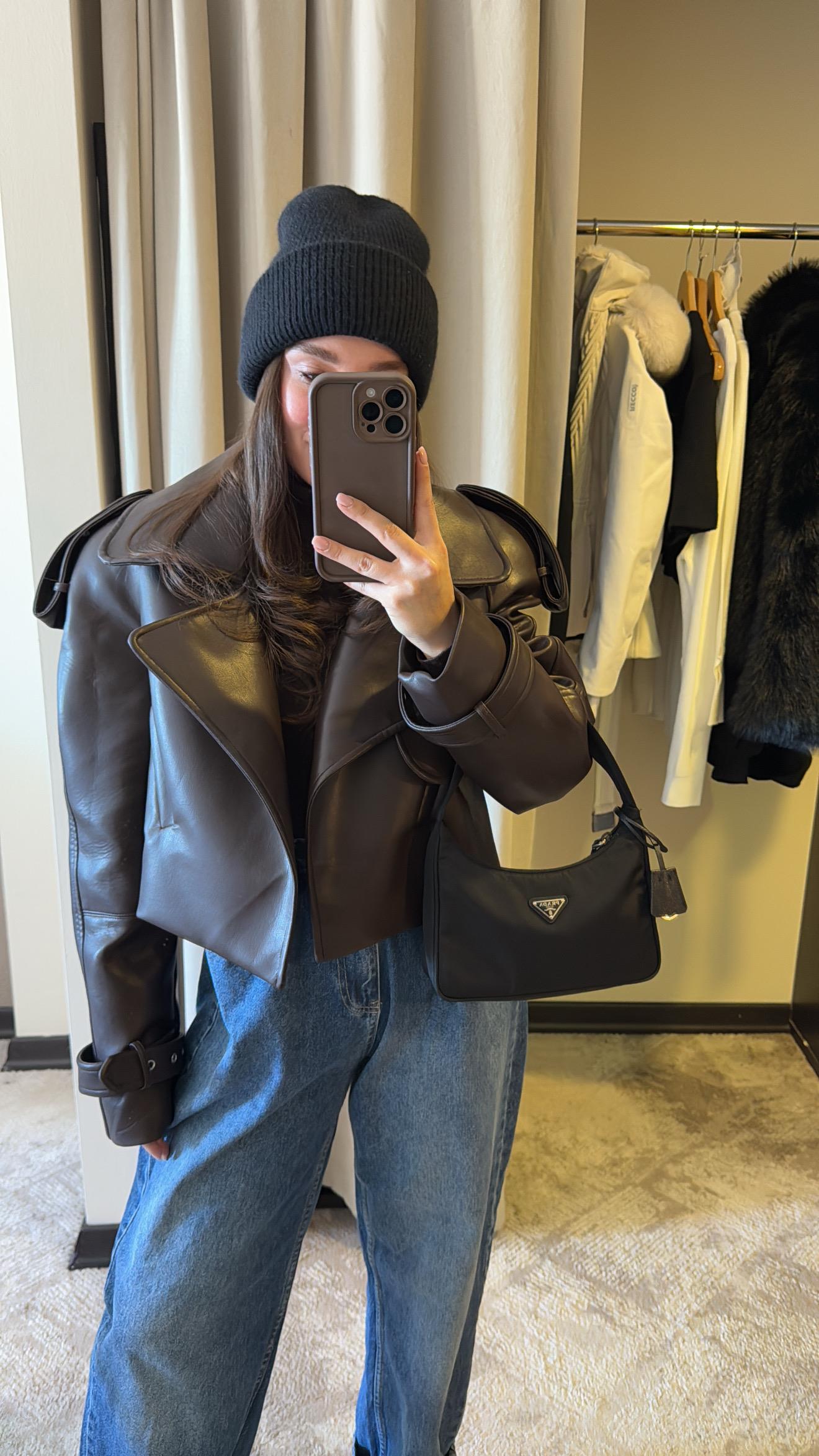 Acı Kahve Cep Detaylı Tokalı Crop Deri Ceket