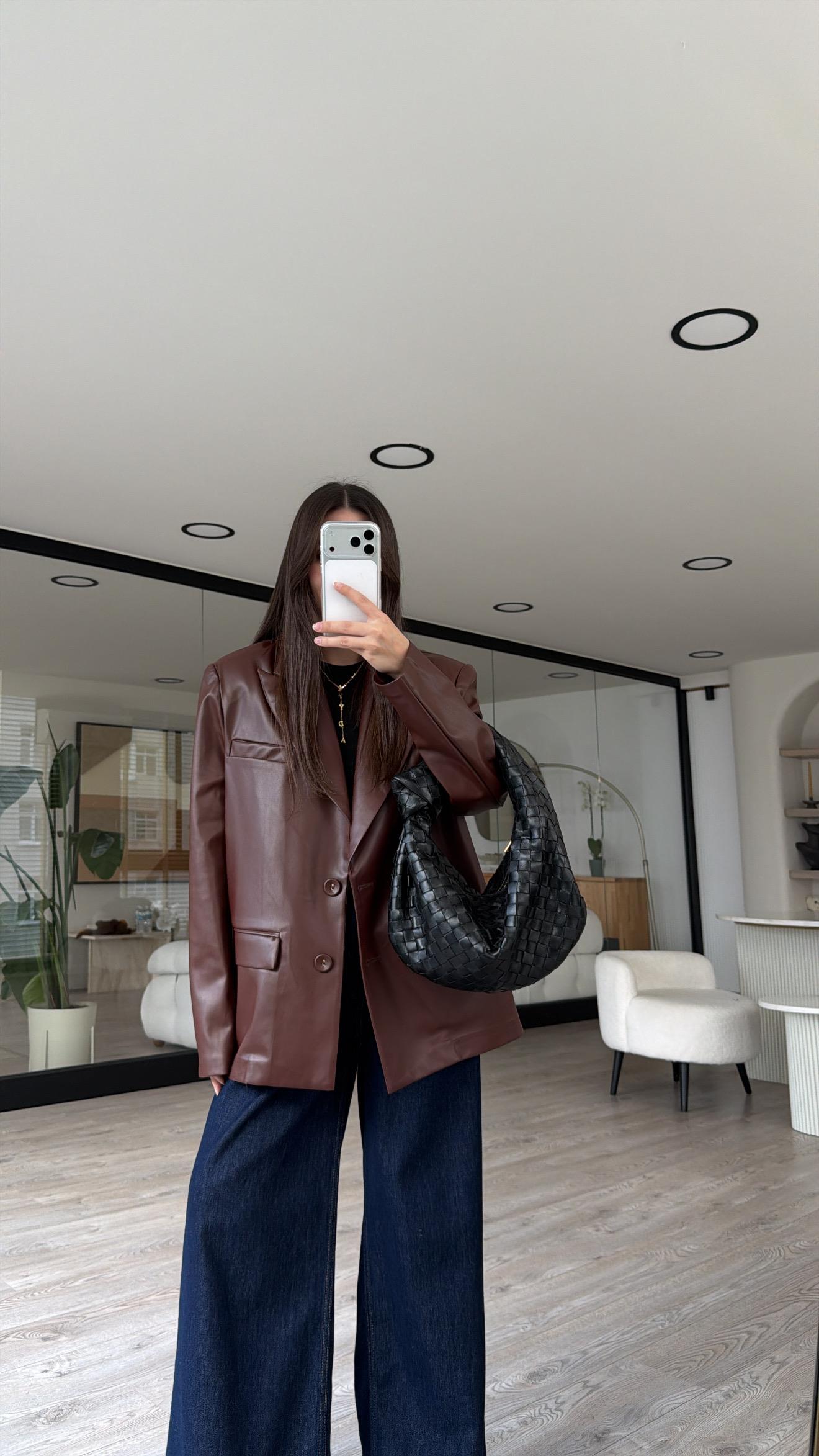 Acı Kahve Deri Çift Düğmeli Blazer Ceket 