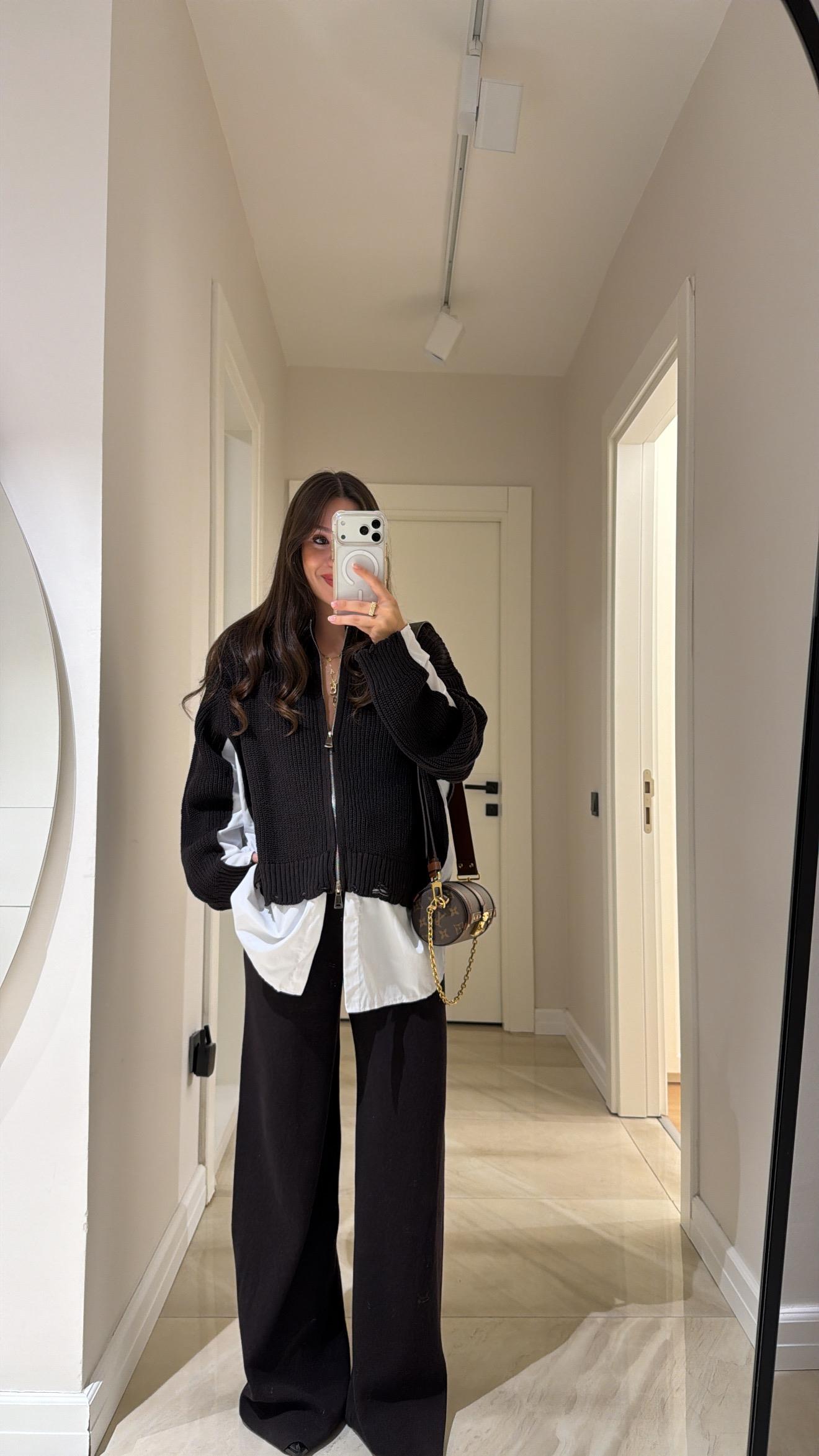 Acı Kahve Gömlek Detaylı Triko Pantolon Takım 