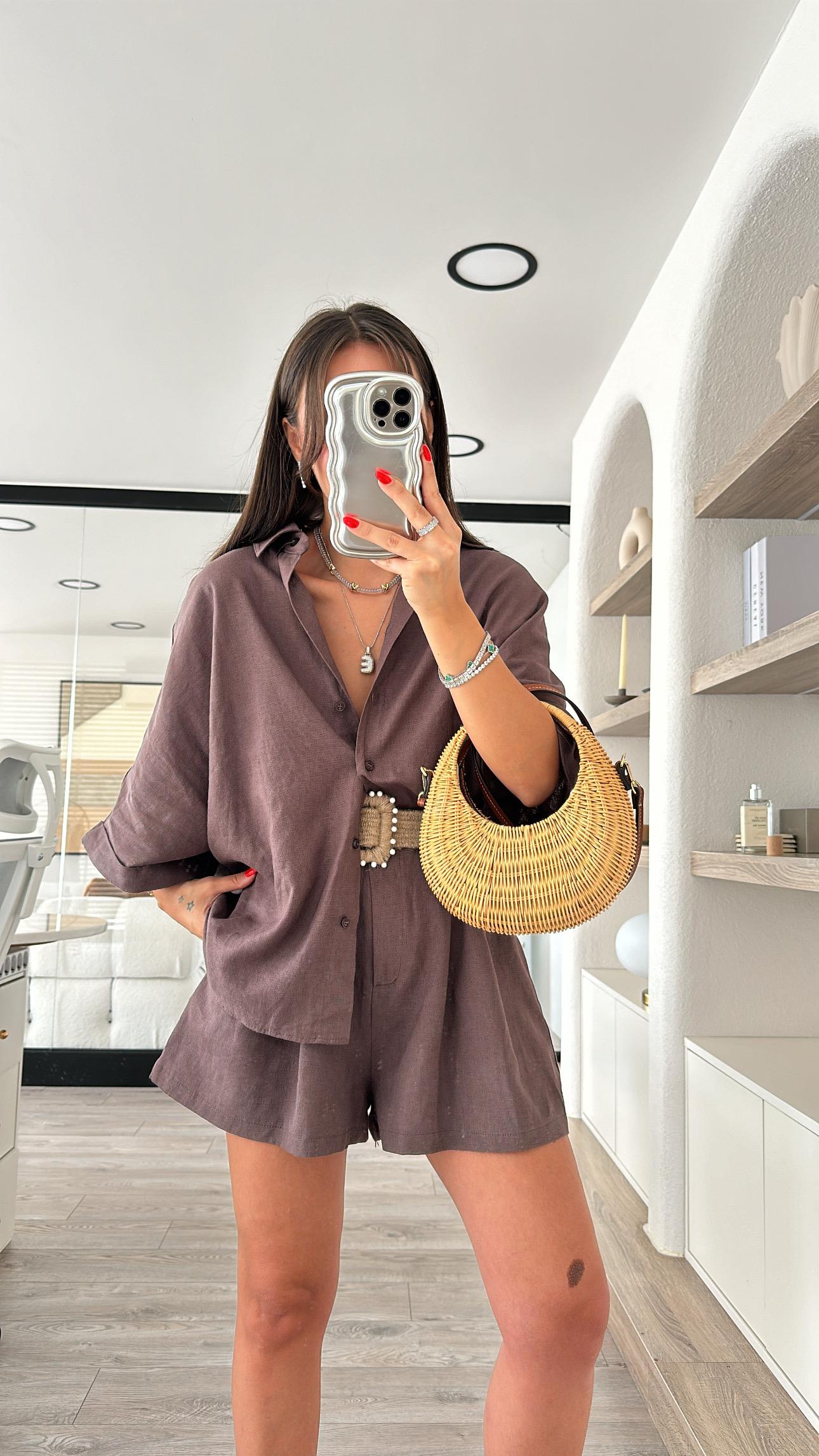 Acı Kahve Hasır Kemerli Keten Şort Takım