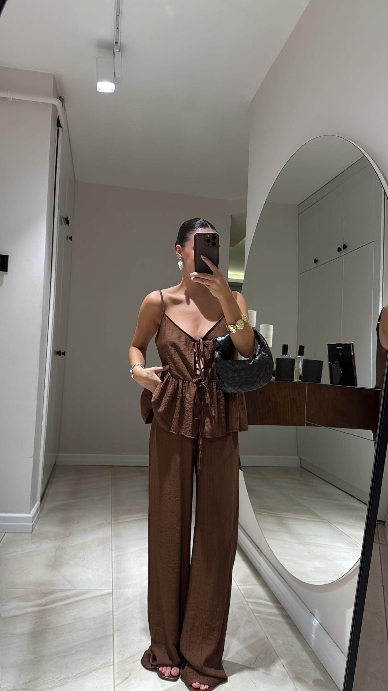 Acı Kahve Ön Bağlamalı Bluz Pantolon Takım 