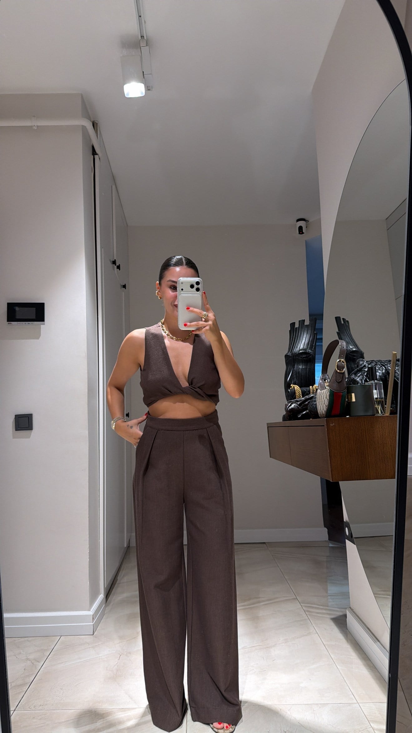 Acı Kahve Ön Bağlamalı Keten Crop Takım