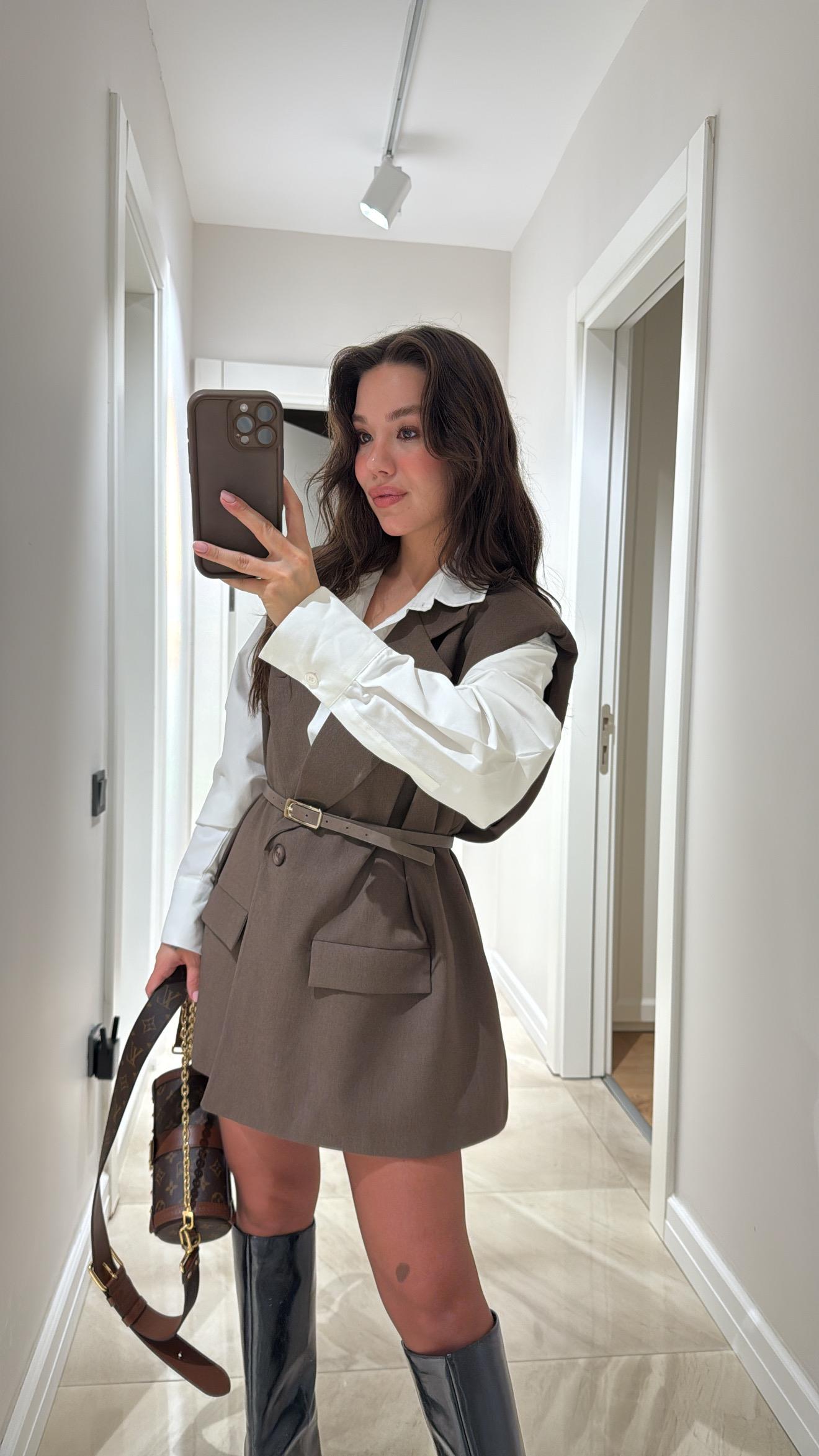 Acı Kahve Vatkalı Kemerli Yelek 