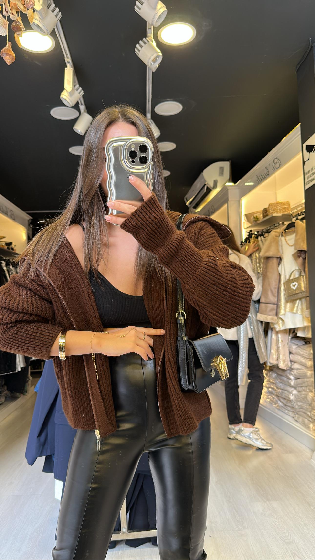 Acı Kahve Yaka Detaylı Fermuarlı Hırka 