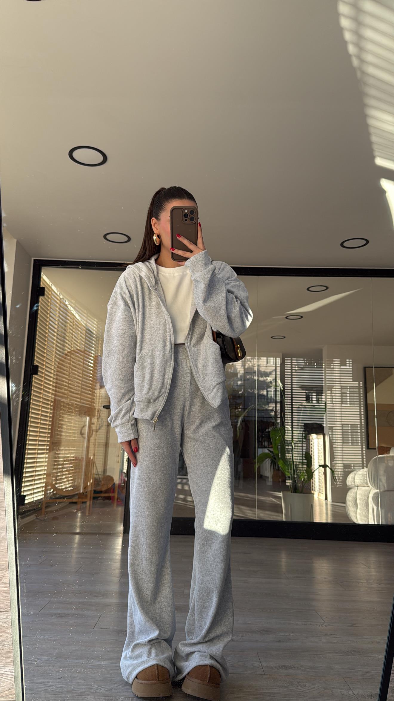 Açık Gri Kadife Fermuarlı Kapüşonlu Takım