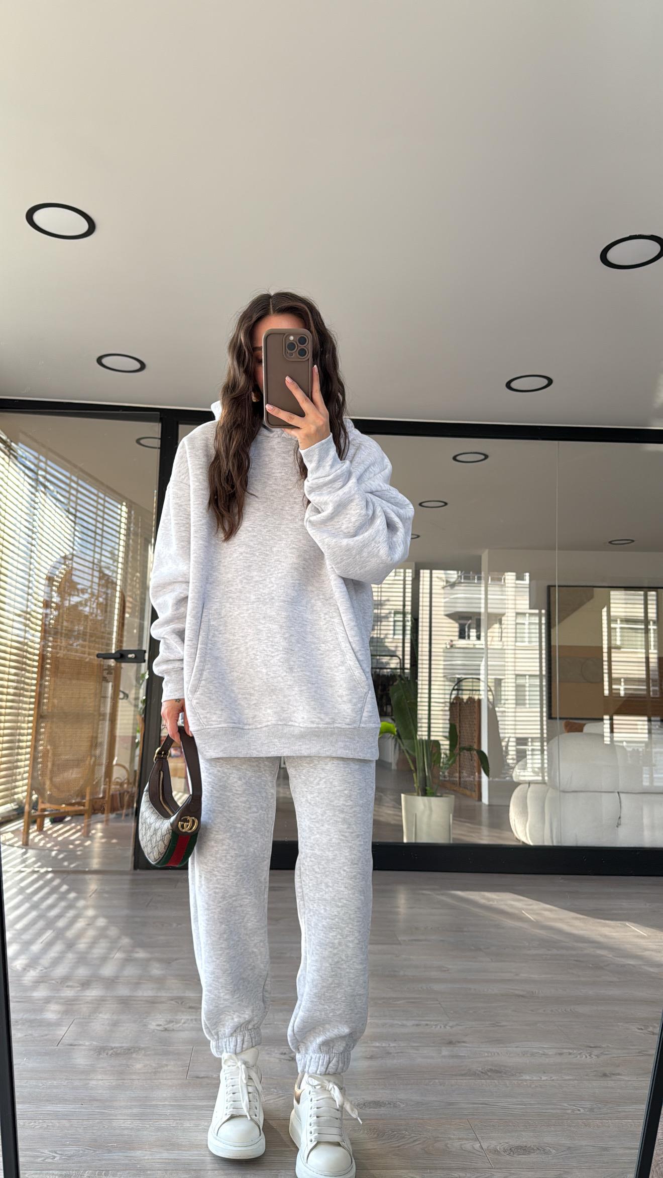 Açık Gri Kapüşonlu Marka Model Sweat Takım