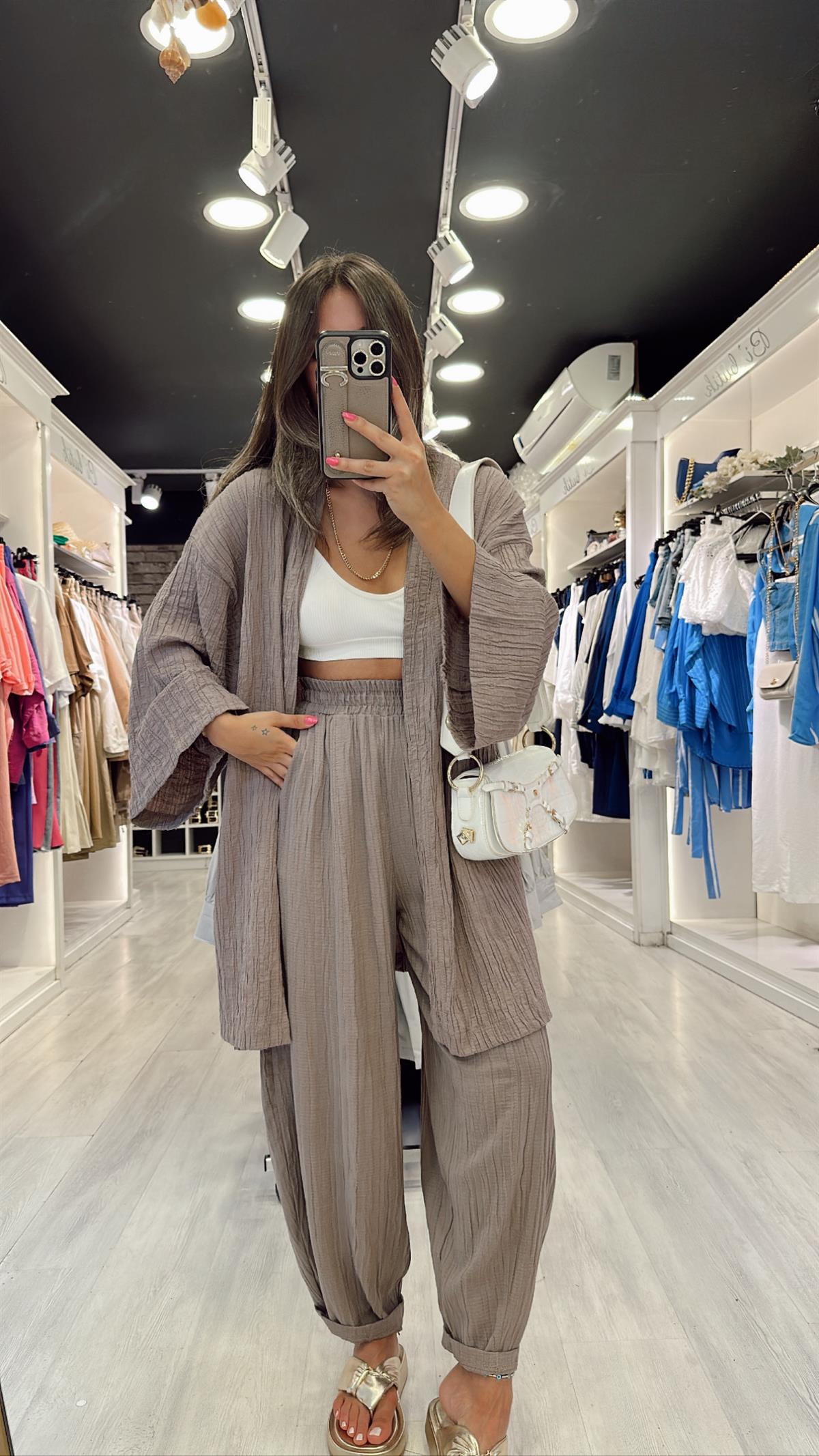 Açık Mürdüm Gofreli Kimono Takım 