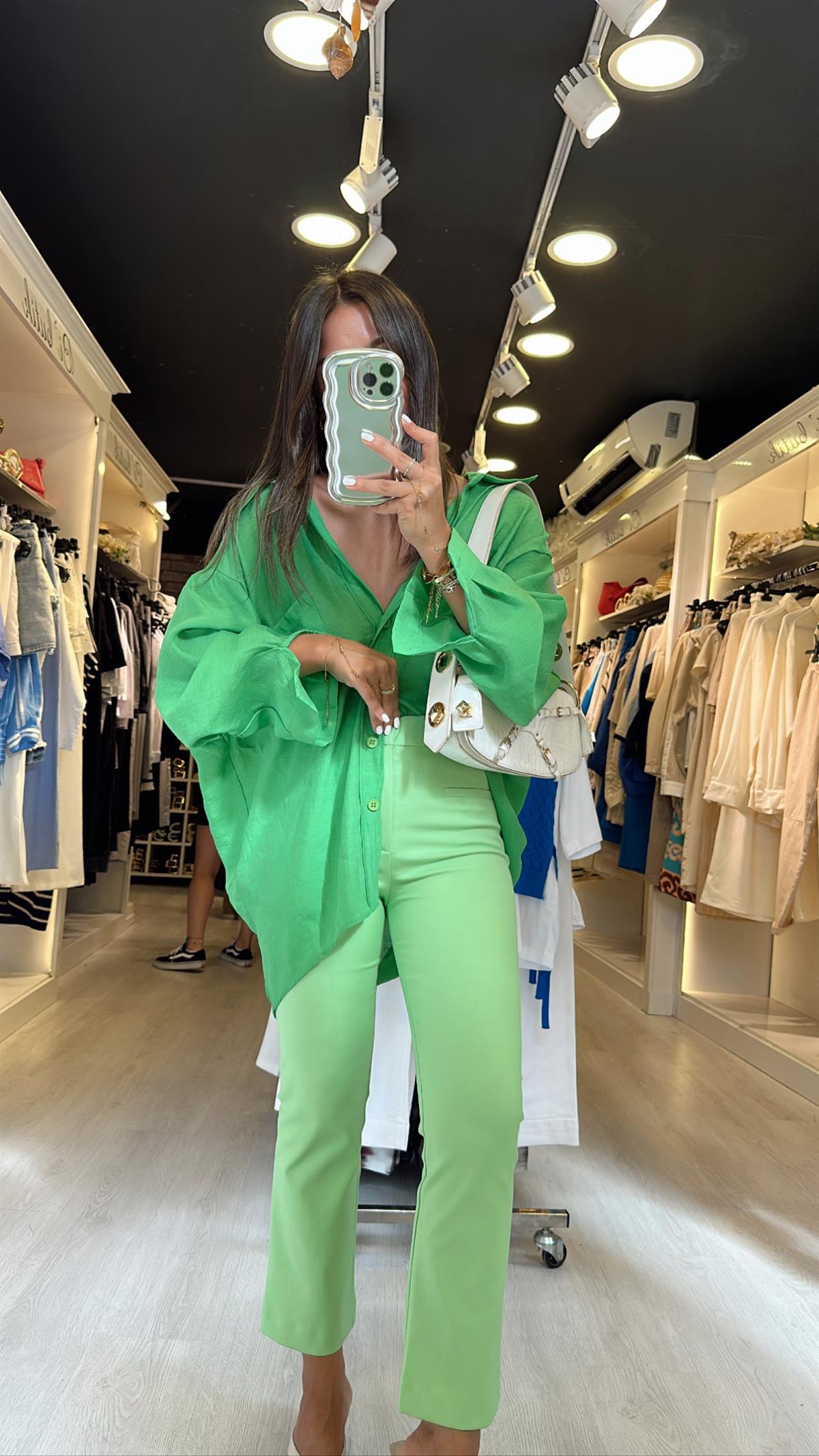 Açık Yeşil Cep Detaylı Midi İspanyol Paça Pantolon