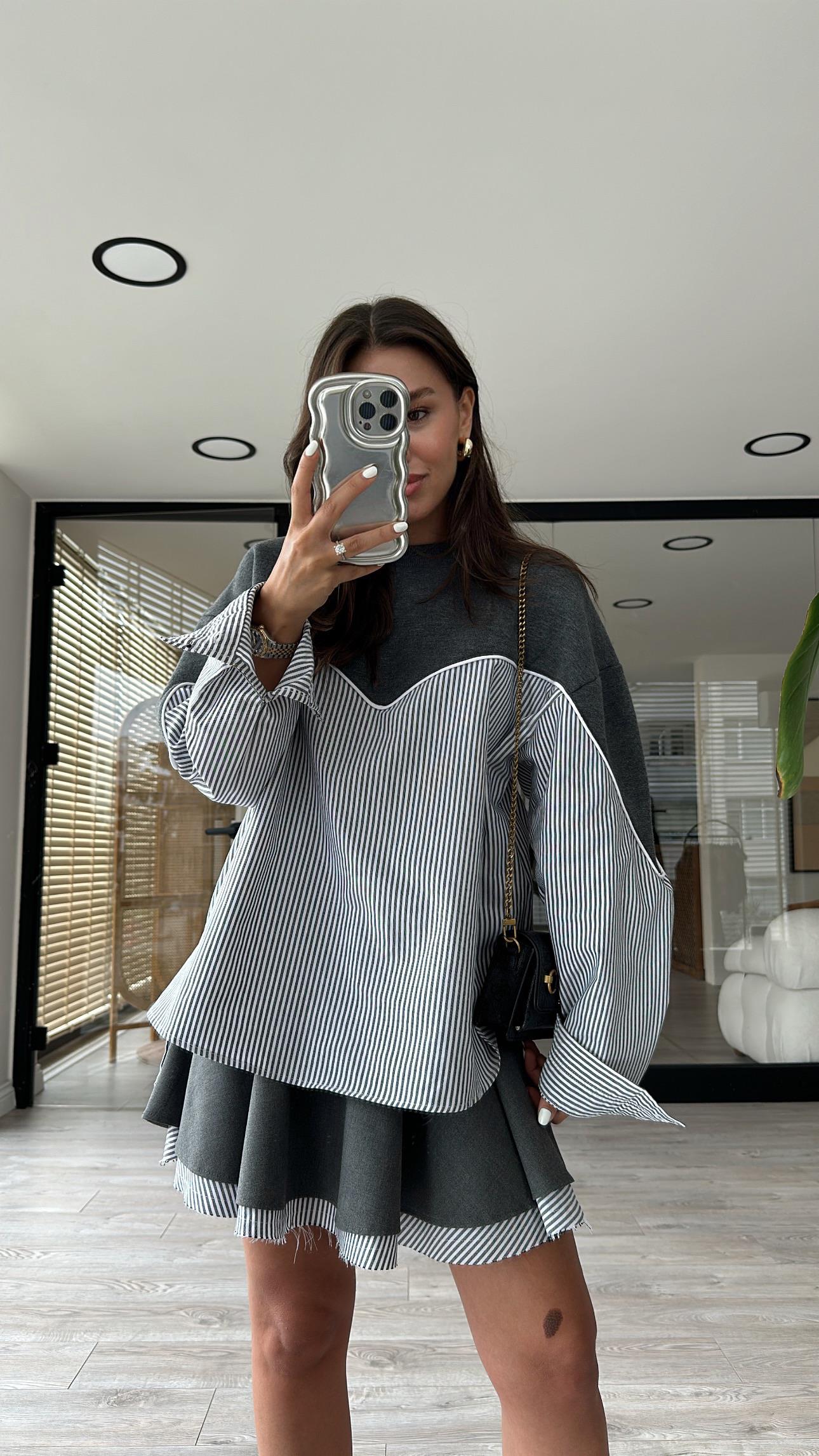 Antrasit Beyaz Çizgili Oversize Sweat