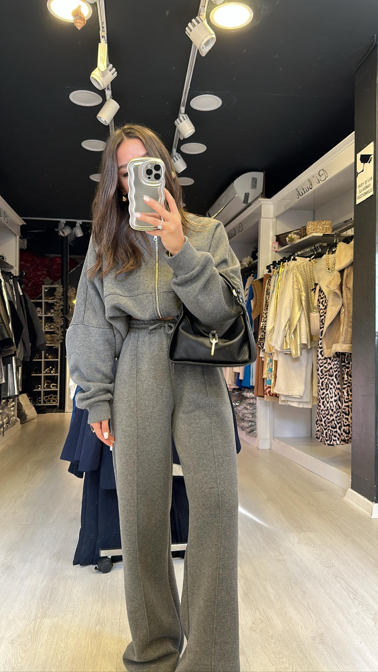 Antrasit Bisiklet Yaka Fermuarlı Sweat Takım