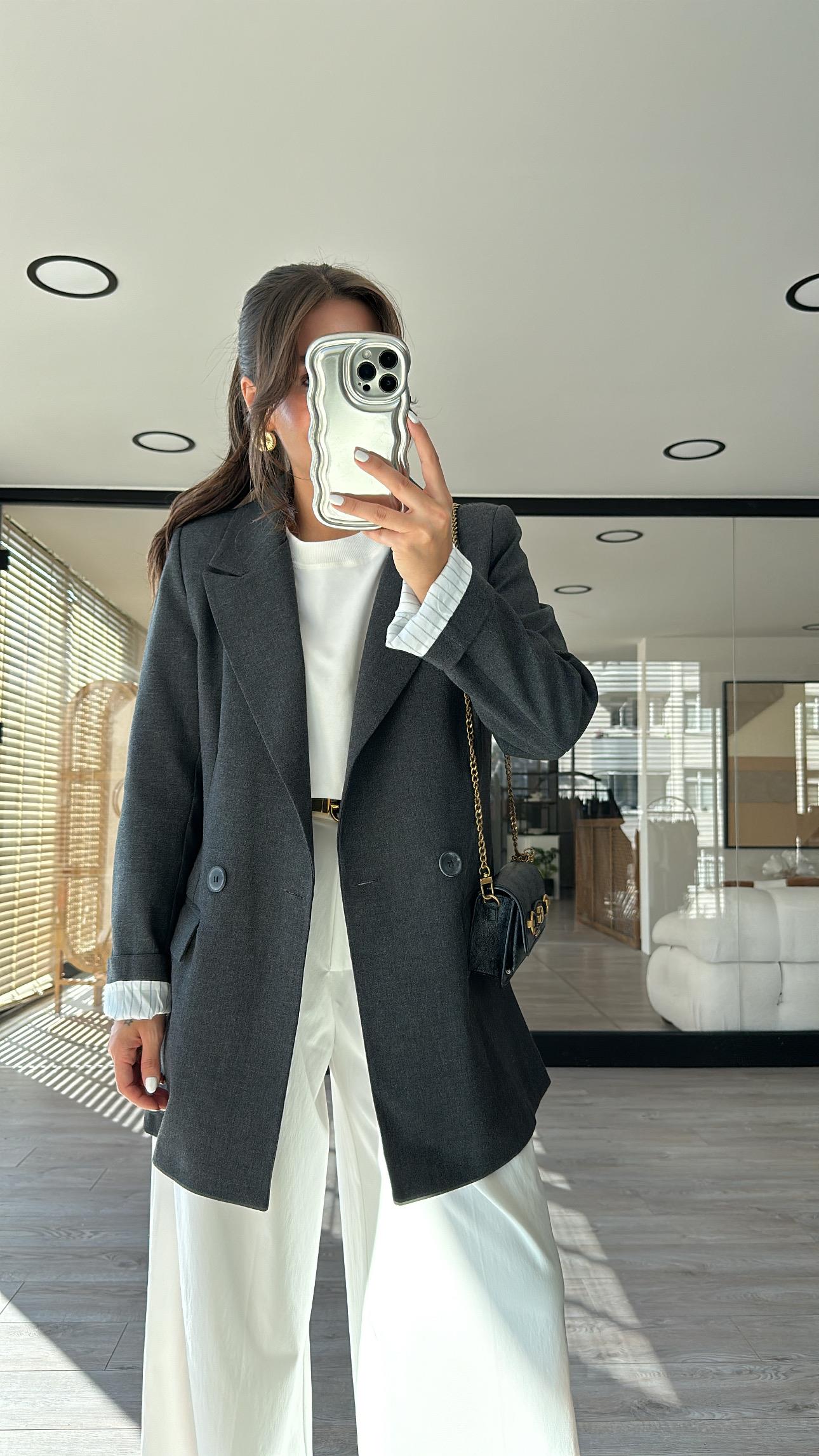 Antrasit Çizgili Astarlı Marka Model Blazer  Ceket 