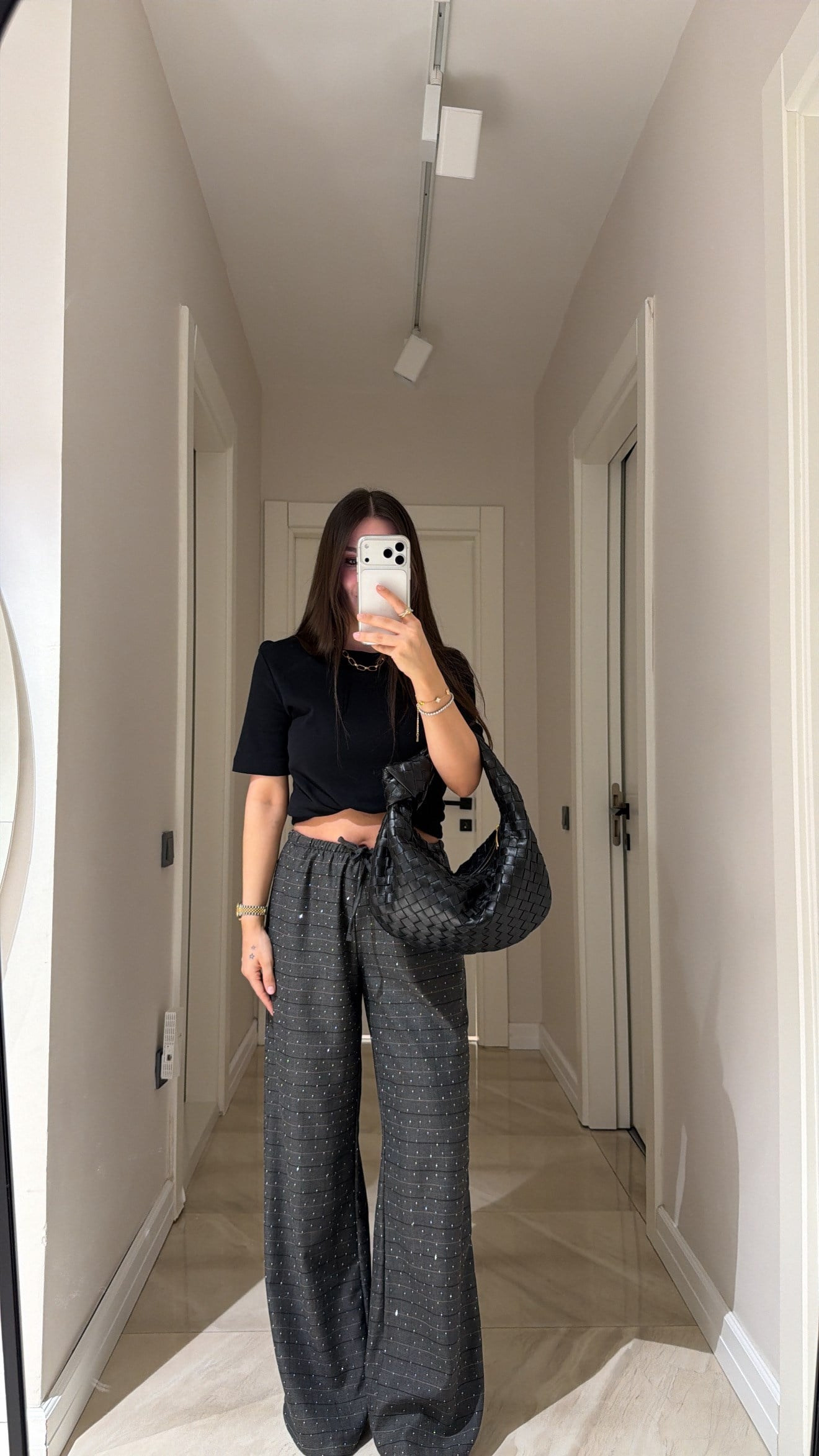 Antrasit Ekose Desenli Taşlı Pantolon