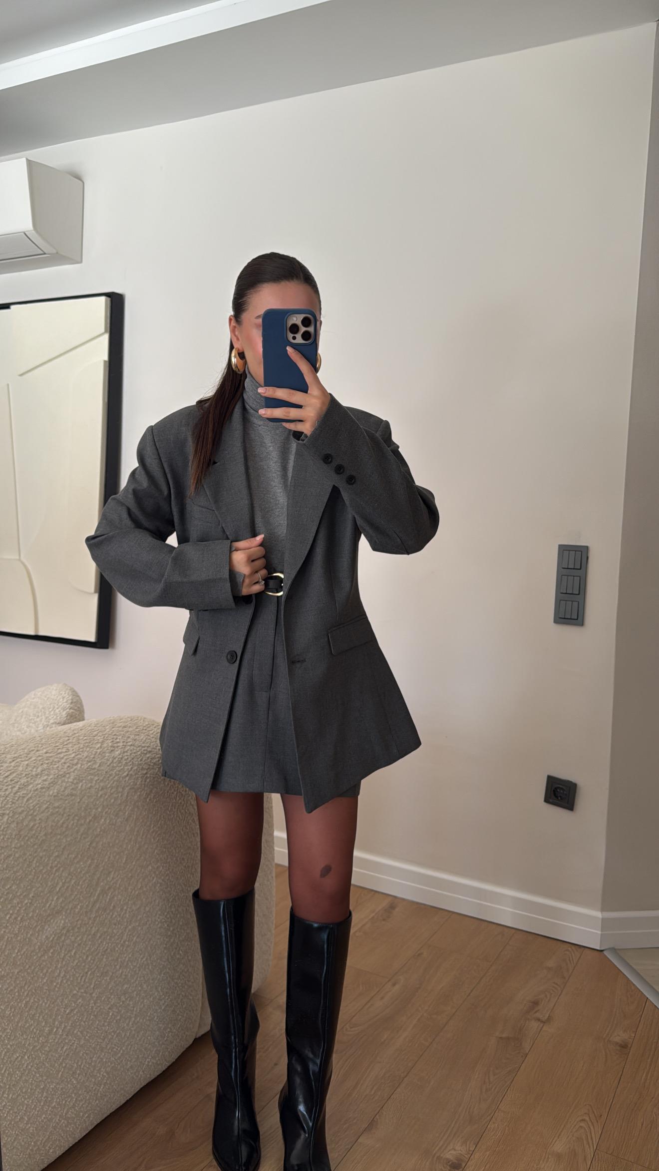 Antrasit Etekli Kemerli Blazer Takım