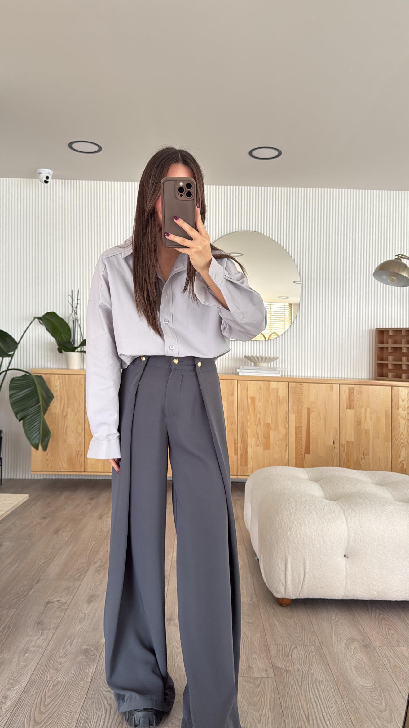 Antrasit Gold Düğmeli Krep Kumaş Palazzo Pantolon