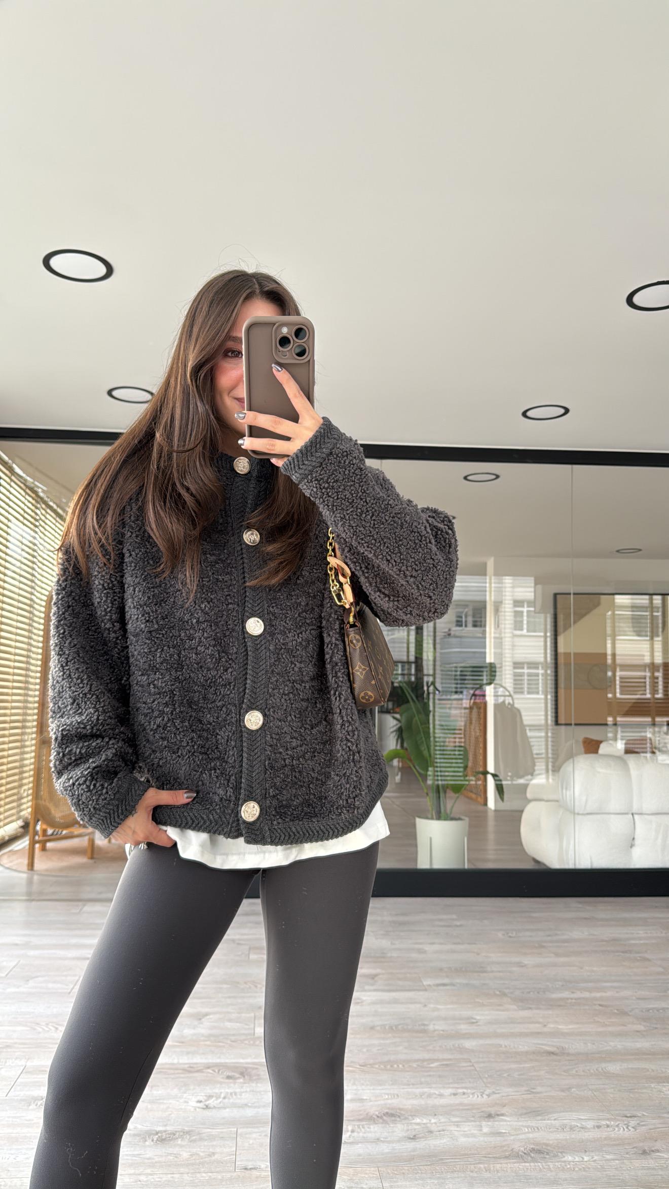 Antrasit Gold Düğmeli Marka Model Buklet Hırka 