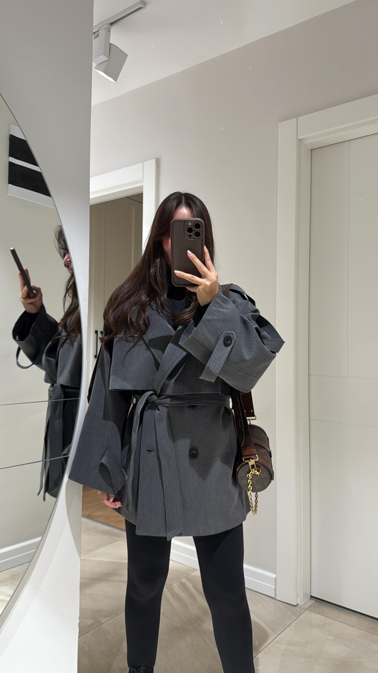 Antrasit Kuşaklı Oversize Kısa Trenç