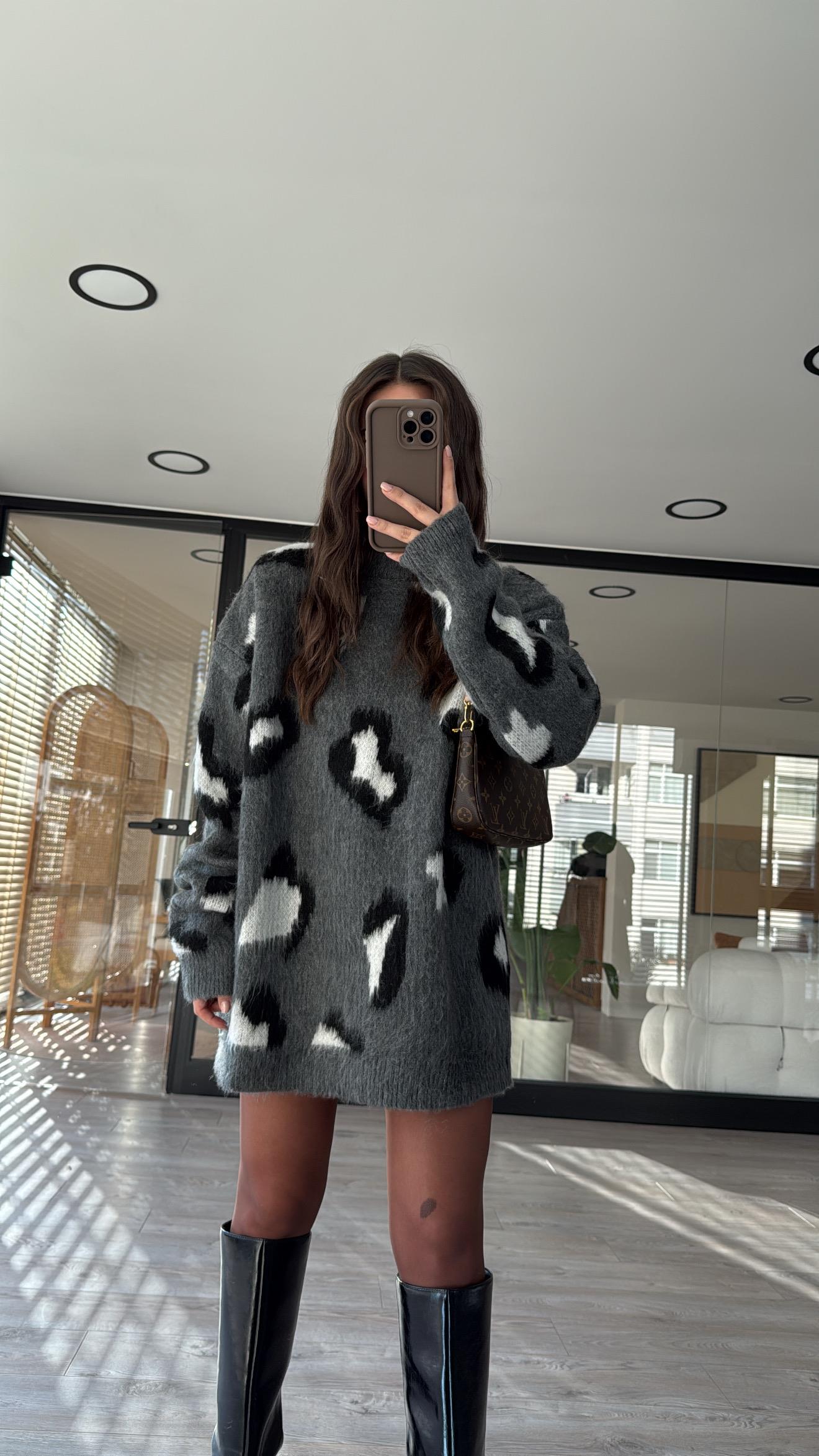 Antrasit Leopar Desen Oversize Kazak