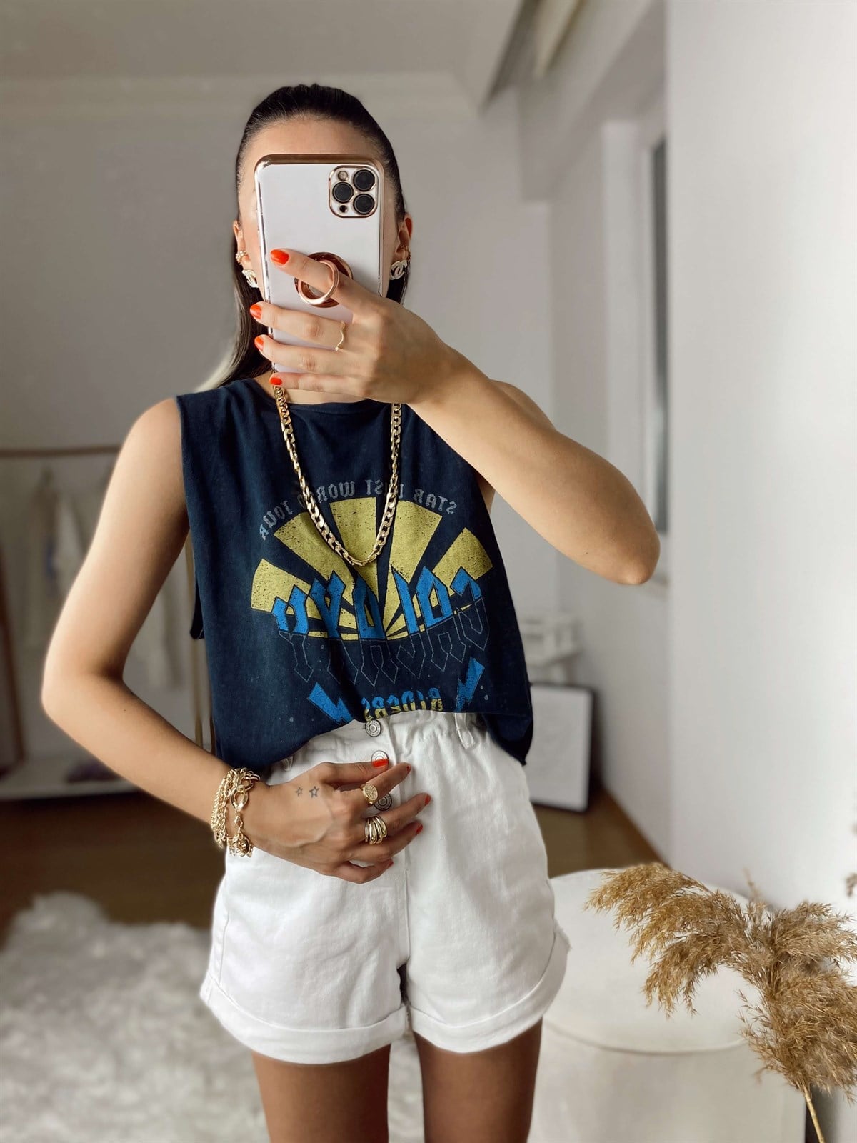 Antrasit Ön Baskılı Kesik Kol Tshirt