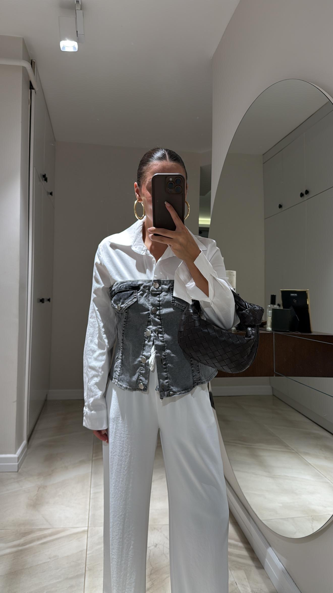 Antrasit Ön Cep Detaylı Gömlekli Jean Bluz 