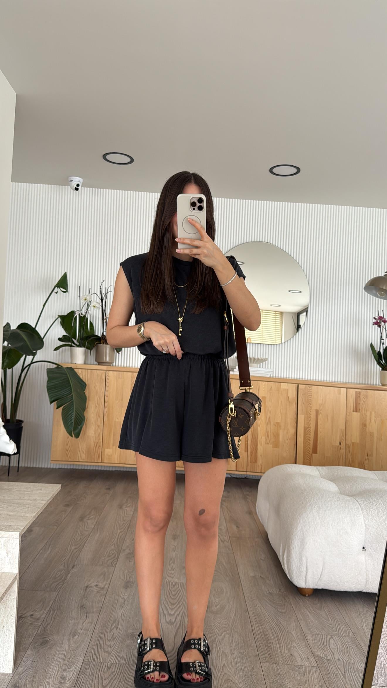 Antrasit Sırt Detaylı Lastikli Şort Tulum