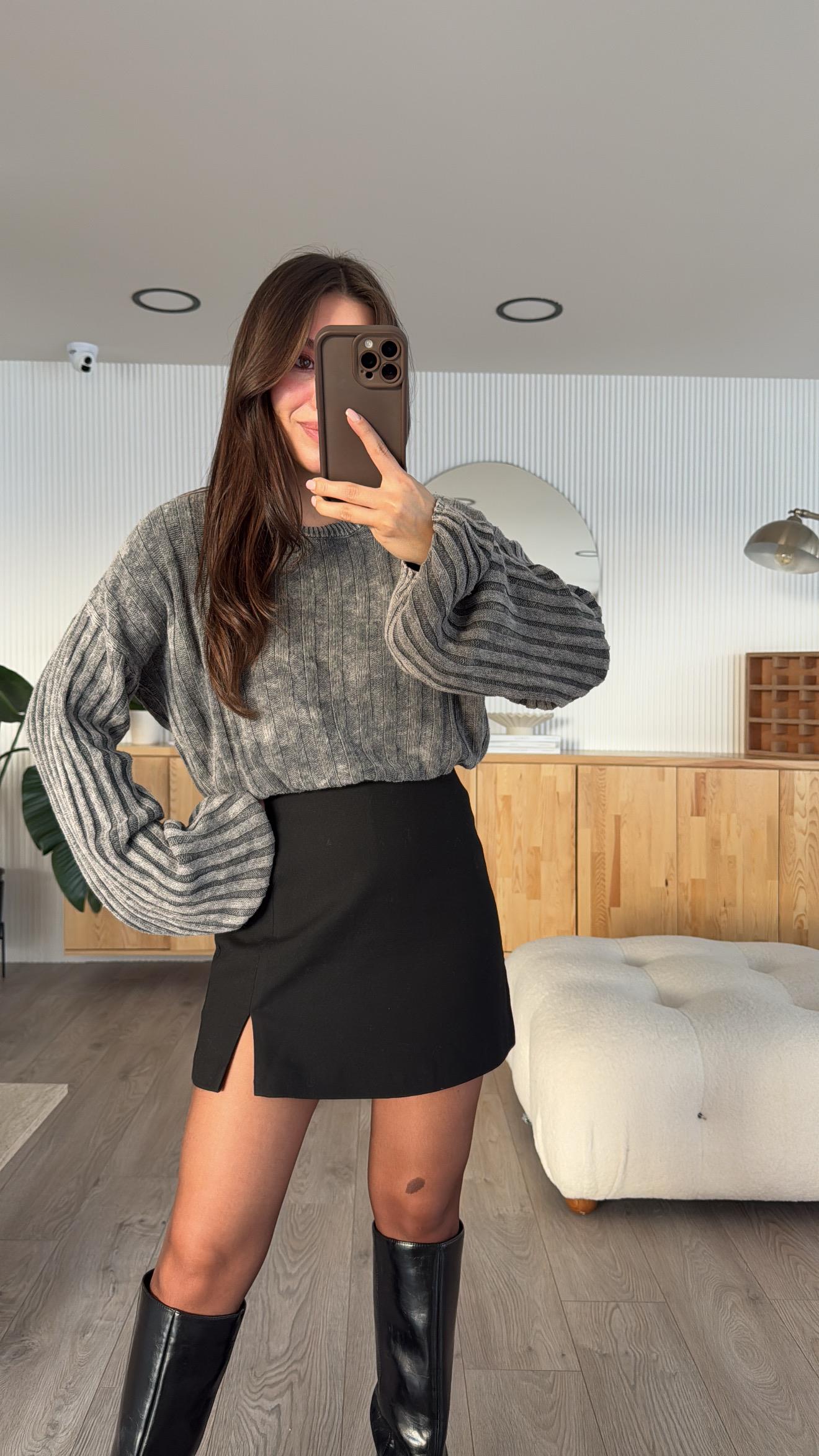 Antrasit Yıkamalı Fitilli Crop kazak