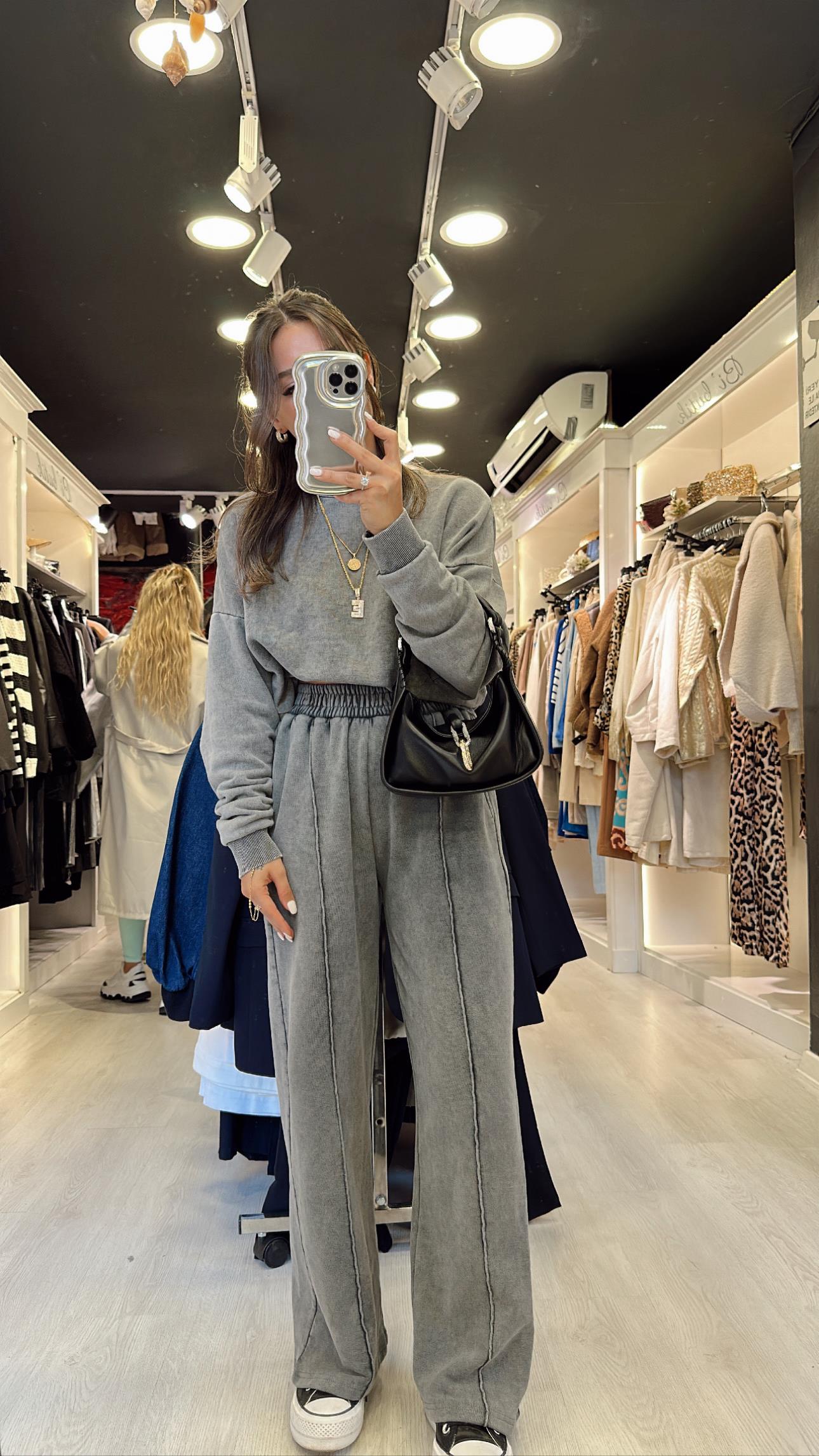 Antrasit Yıkamalı Ön Dikişli Beli Lastikli Pantolon