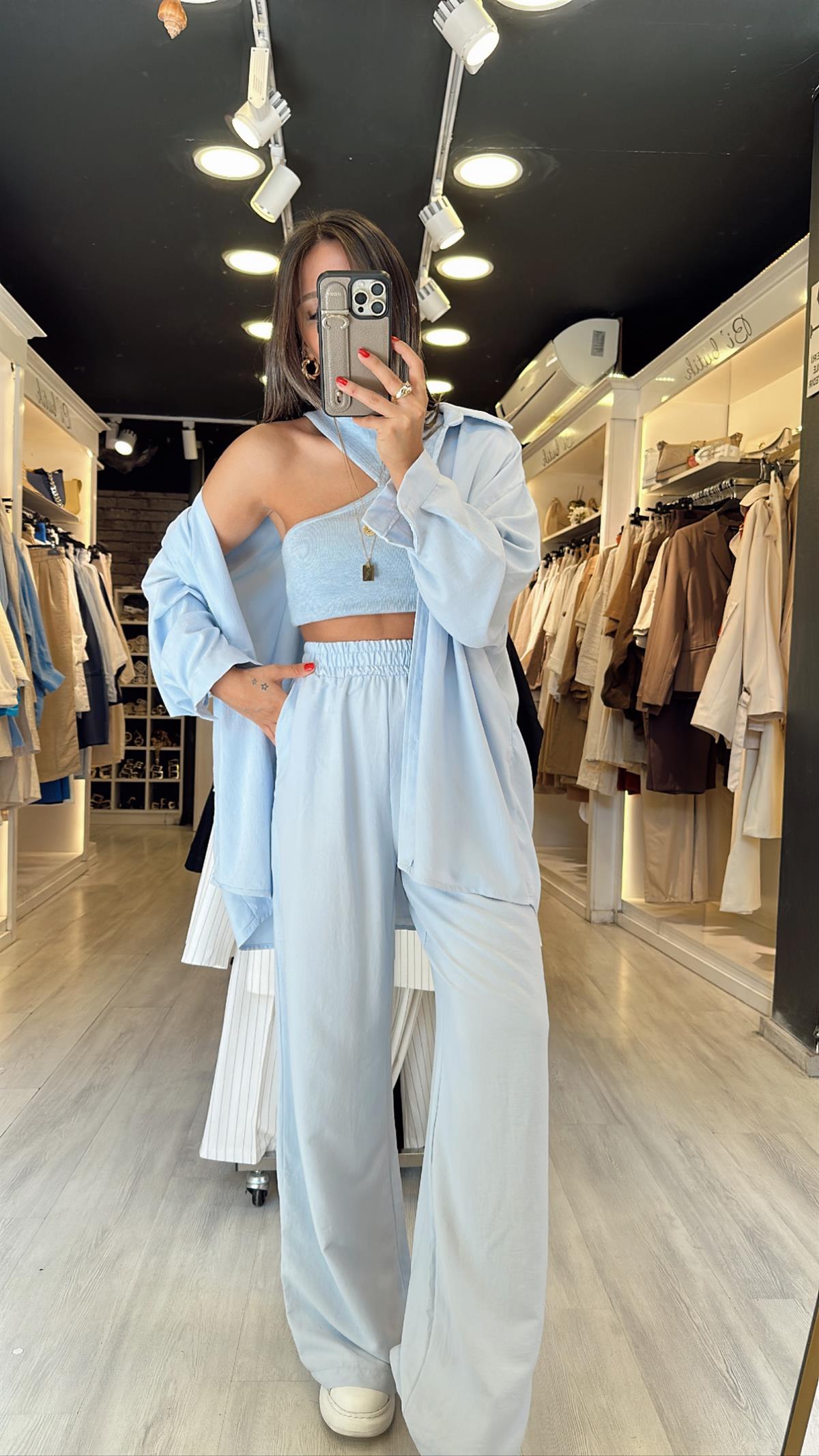 Bebe Mavi Beli Lastikli Tensel Bol Paça Pantolon