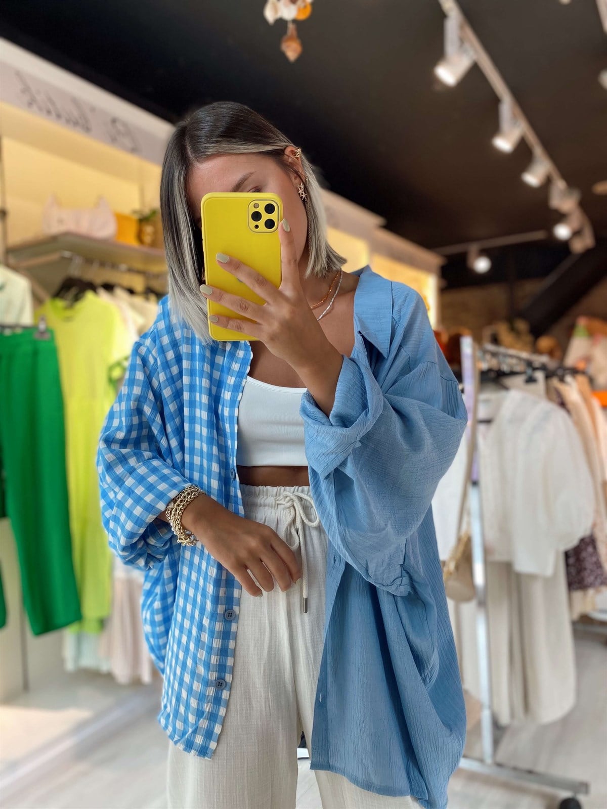 Bebe Mavi Ekose Oversize Gömlek