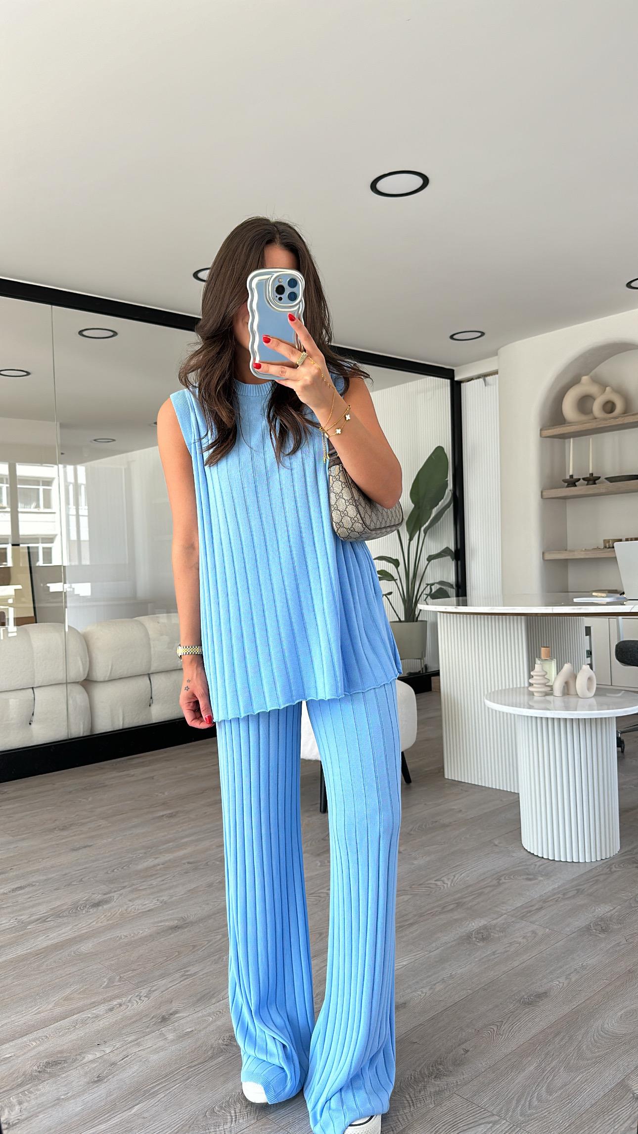 Bebe mavi Sıfır Kol Fitilli Pantolon Takım