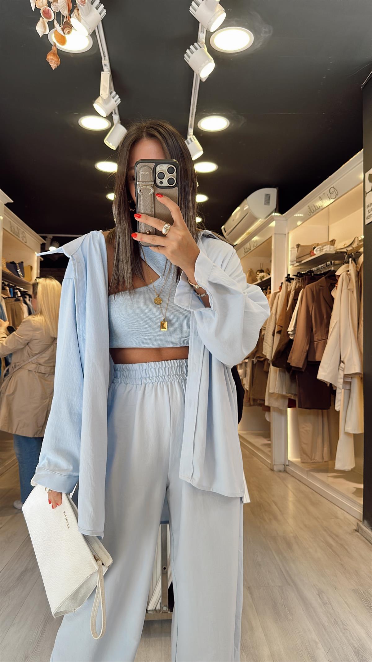 Bebe Mavi Tensel Kumaş Düşük Omuzlu Oversize Gömlek