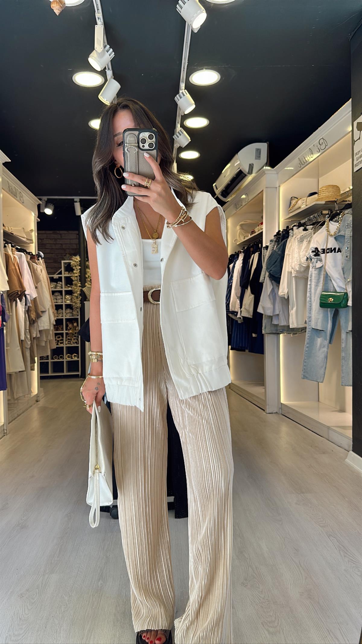 Bej Beli Lastikli Krinkıl Kumaş Pantolon 