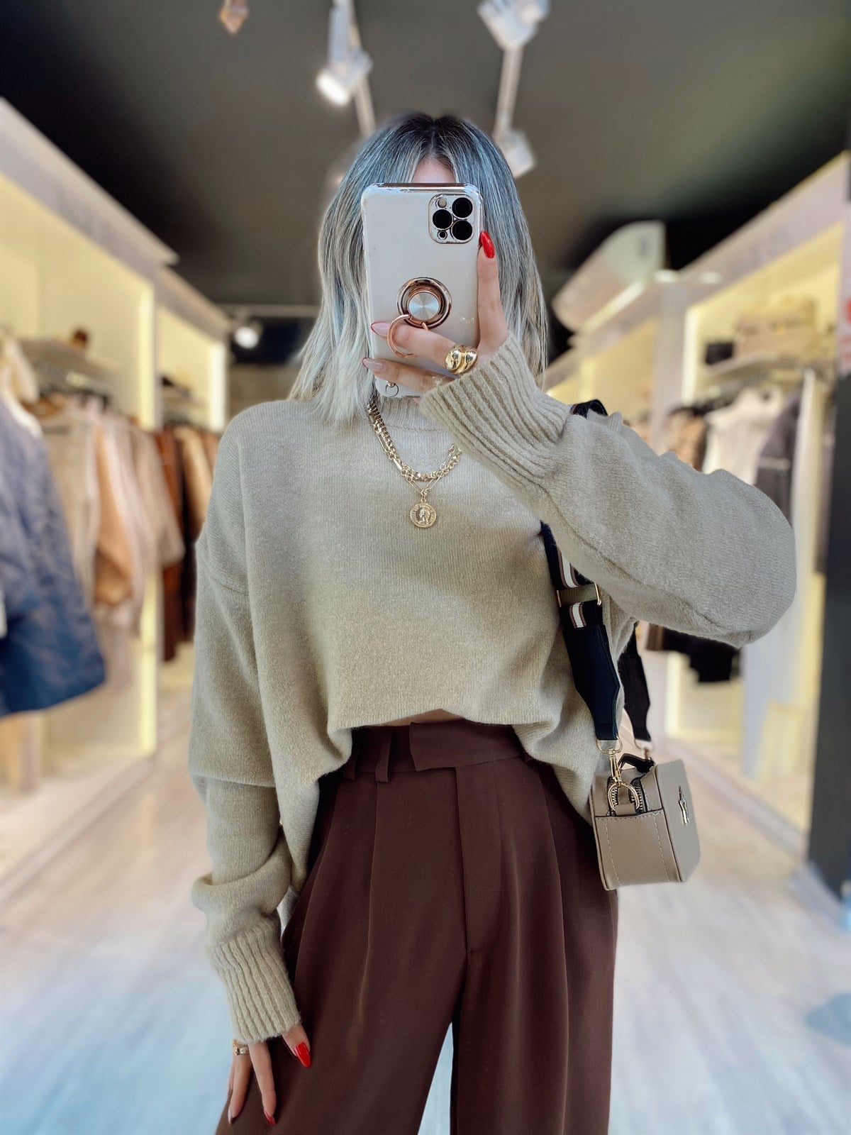 Bej Bisiklet Yaka Oversize Triko Kazak