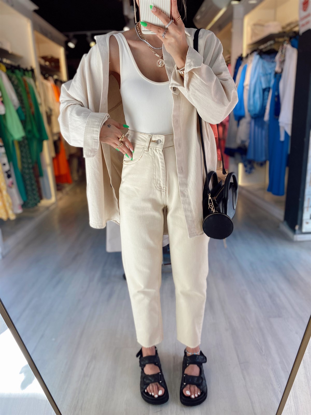 Bej Dikiş Detaylı Mom Jean 