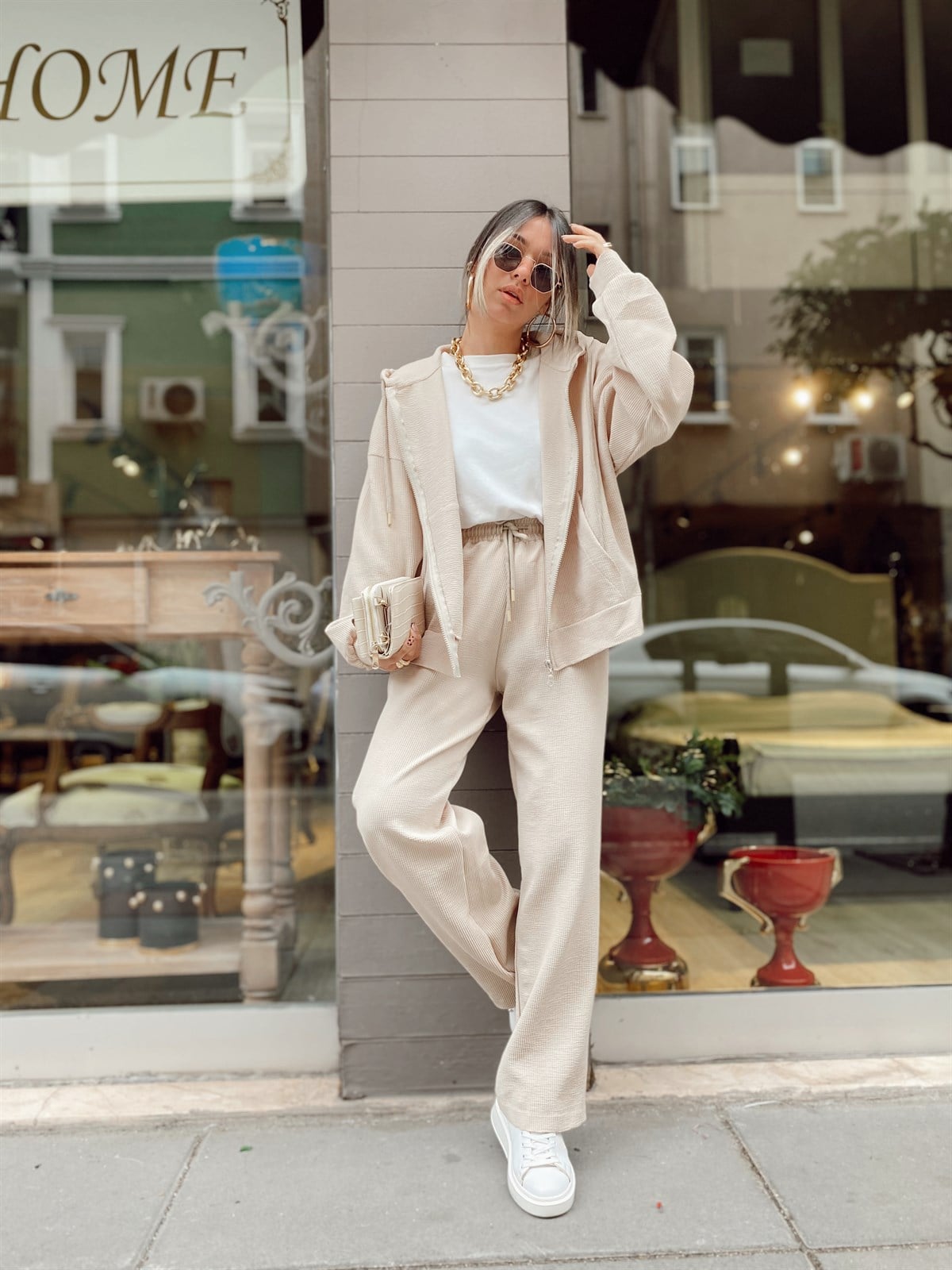 Bej Fitilli Fermuarlı Takım