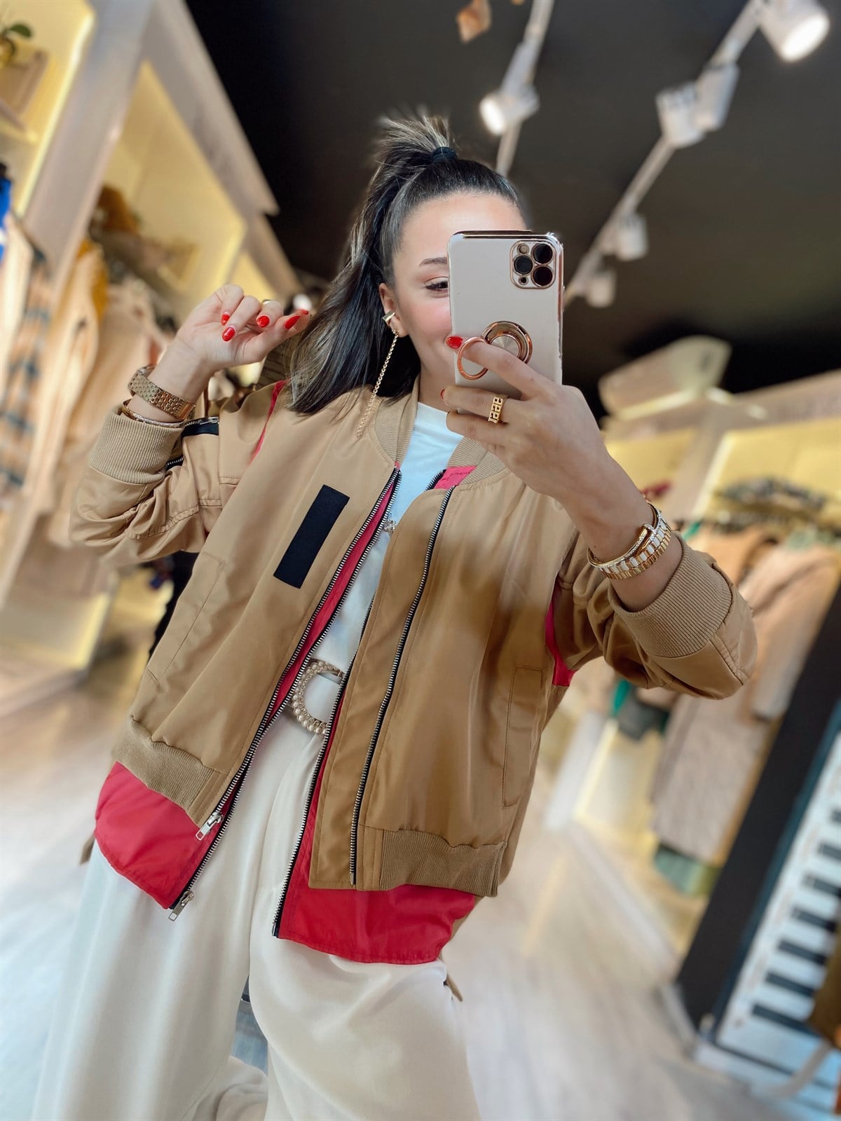 Bej Fuşya Çift Fermuar Detaylı Bomber Ceket