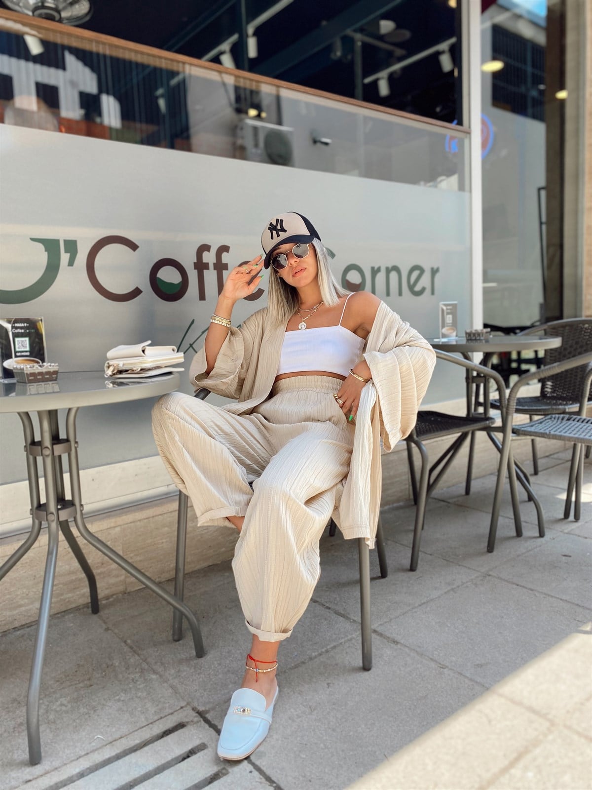 Bej Gofreli Kimono Takım