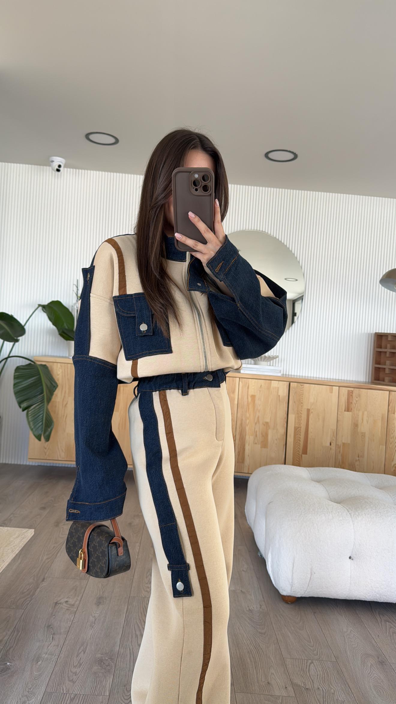 Bej Kargo Cepli Şeritli Denim Takım 