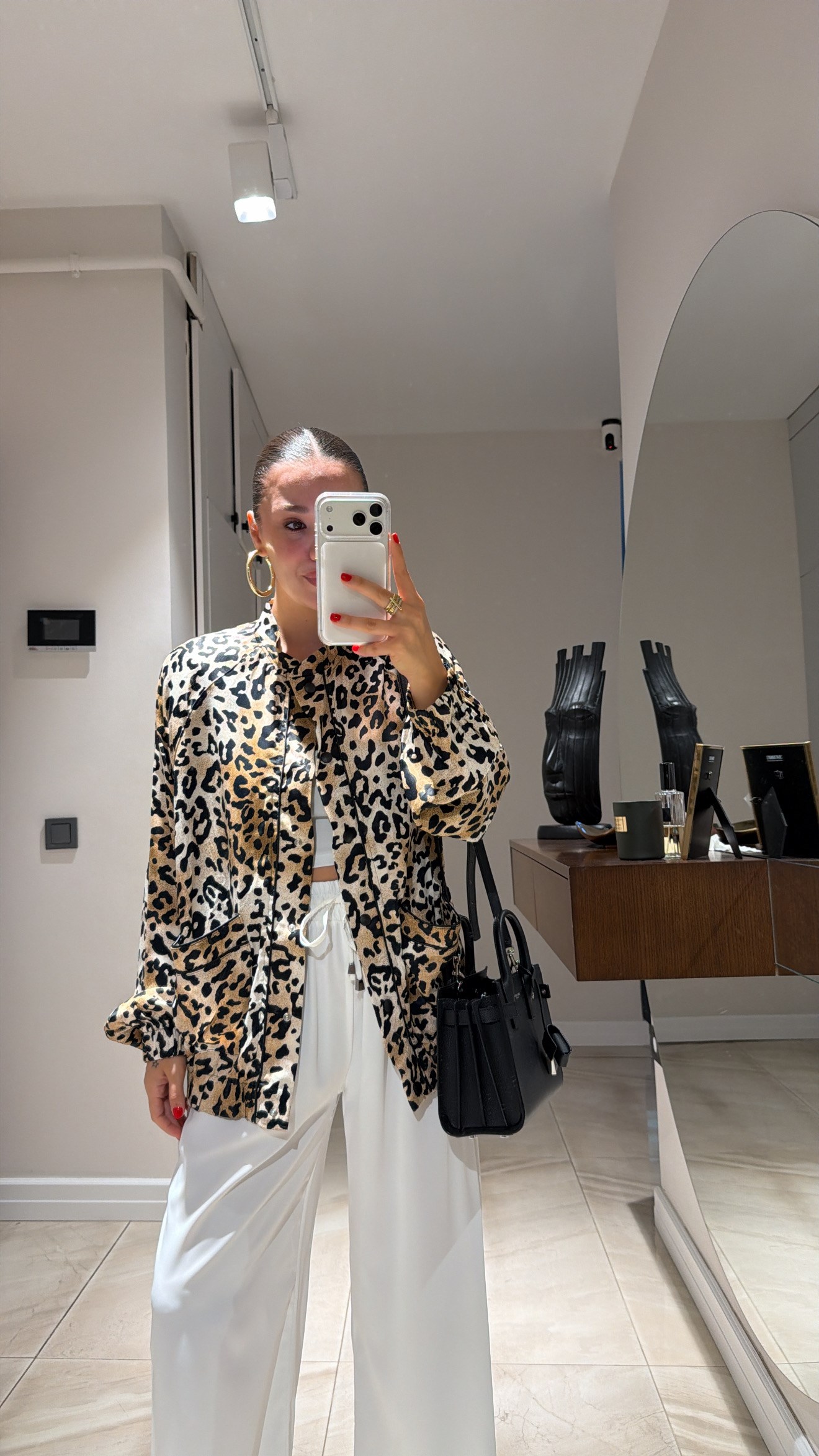 Bej Leopar Desen Saten Bomber Ceket 