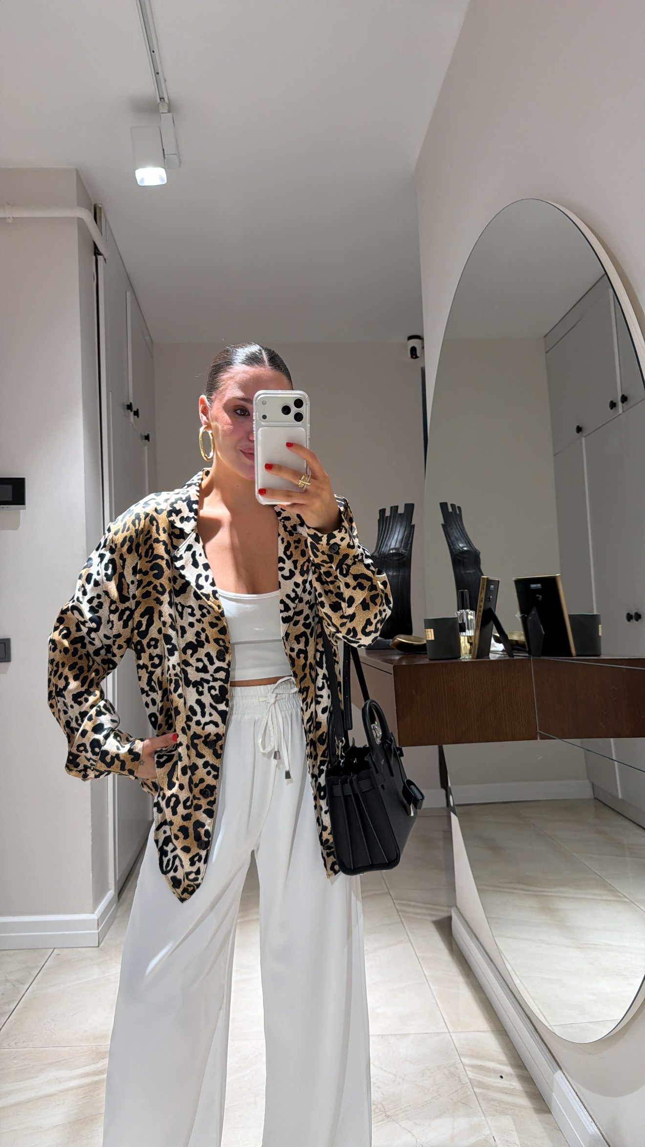 Bej  Leopar Desen Saten Gömlek
