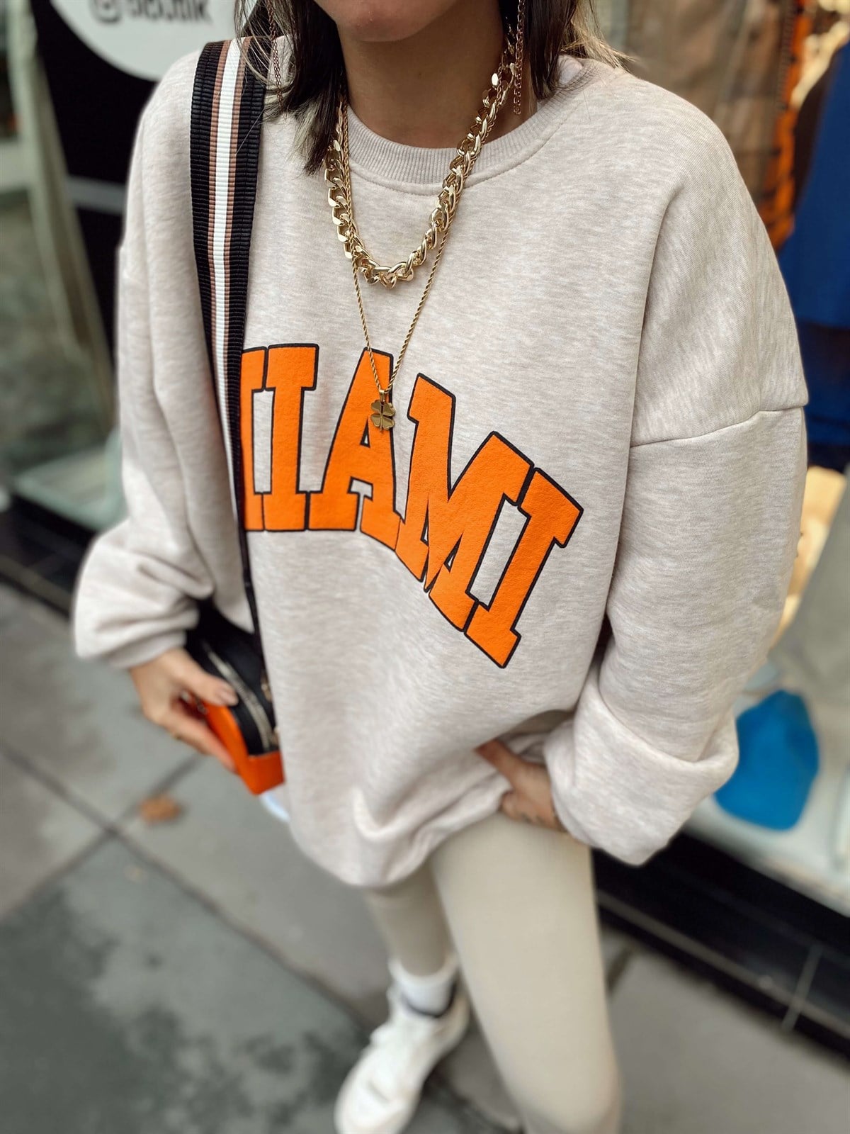 Bej Miami Basklı Sweat