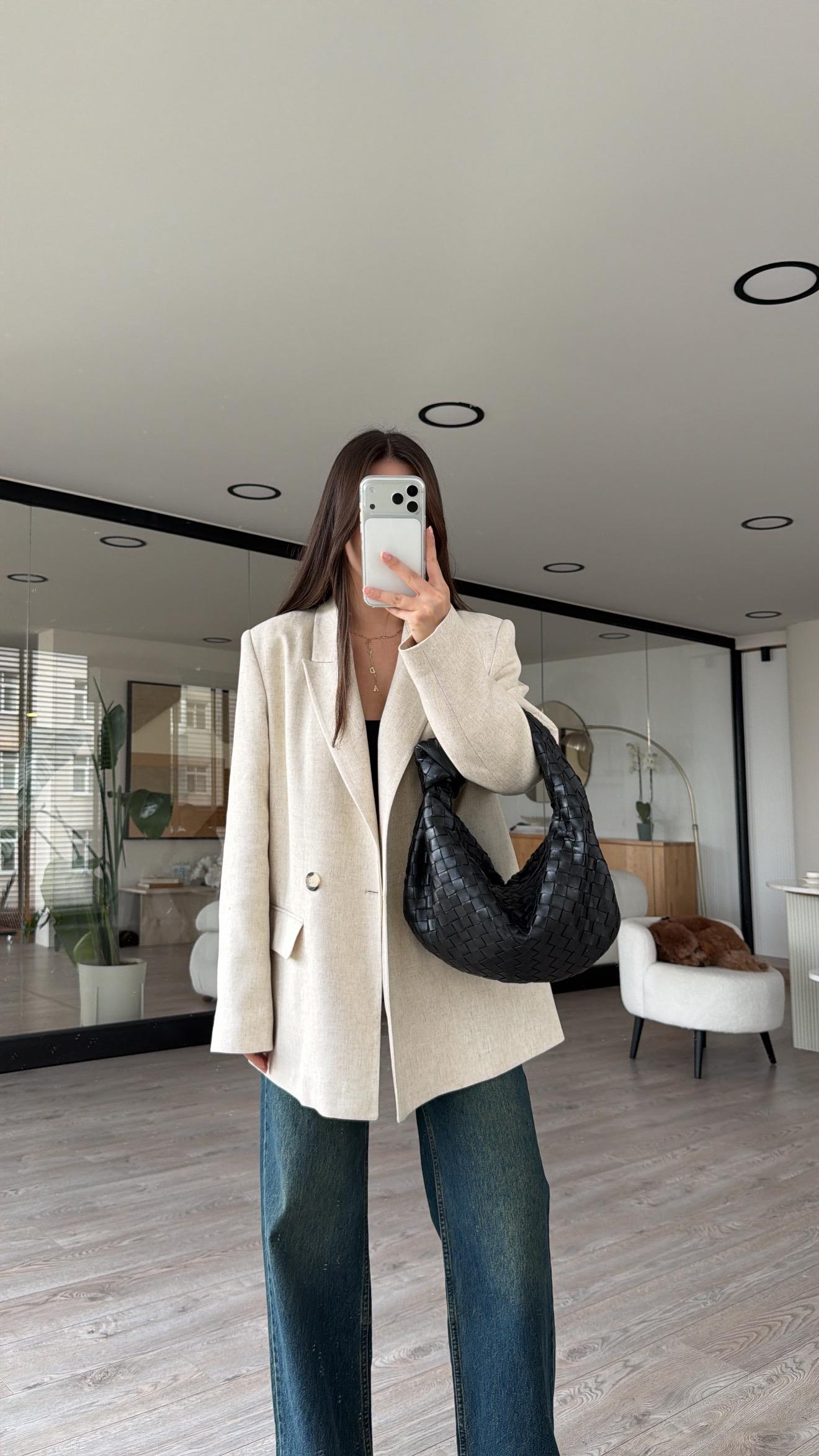 Bej Ön Düğmeli Keten Dilvin Blazer Ceket 