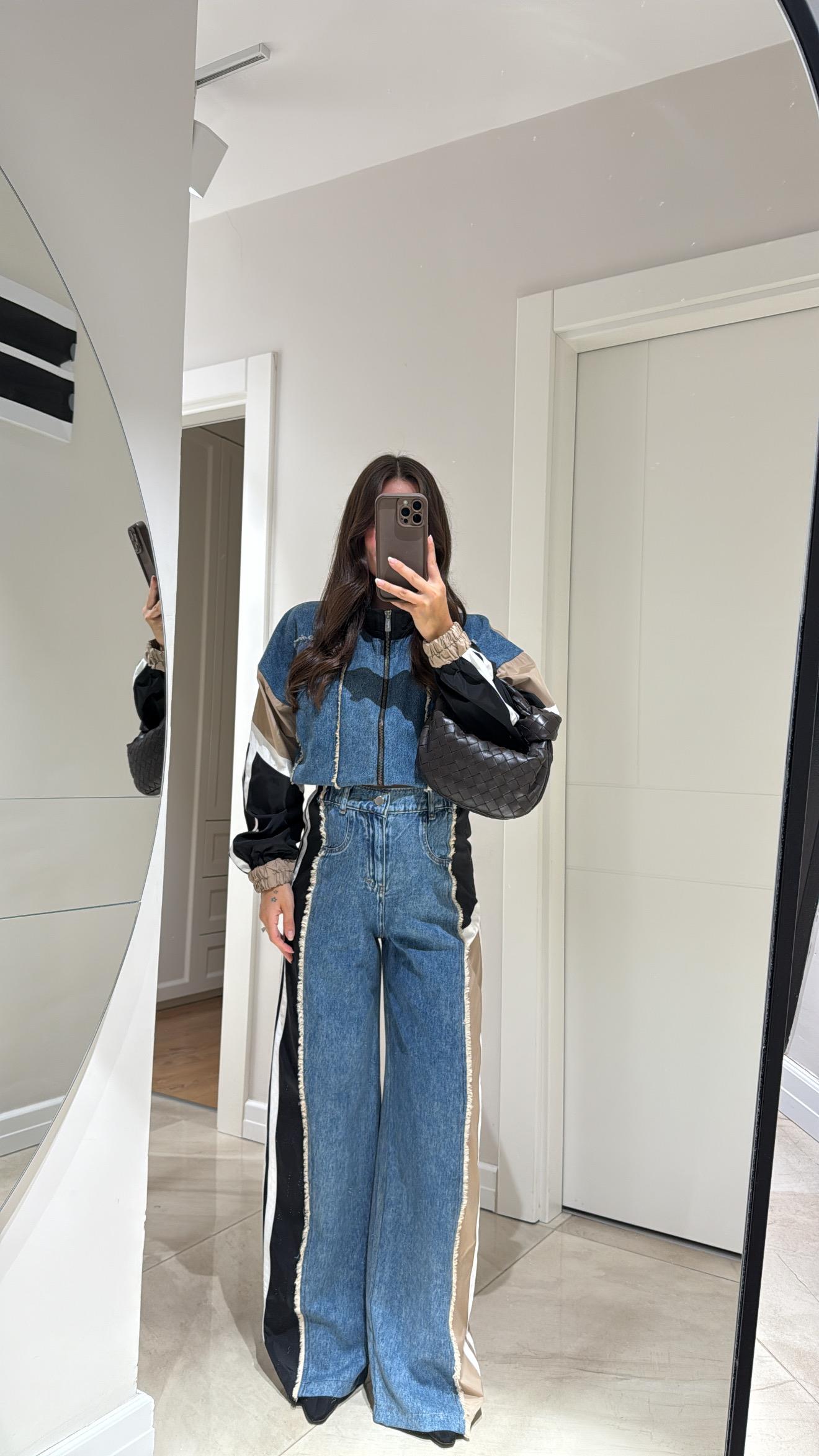 Bej Paraşüt Kumaş Püsküllü Denim Takım