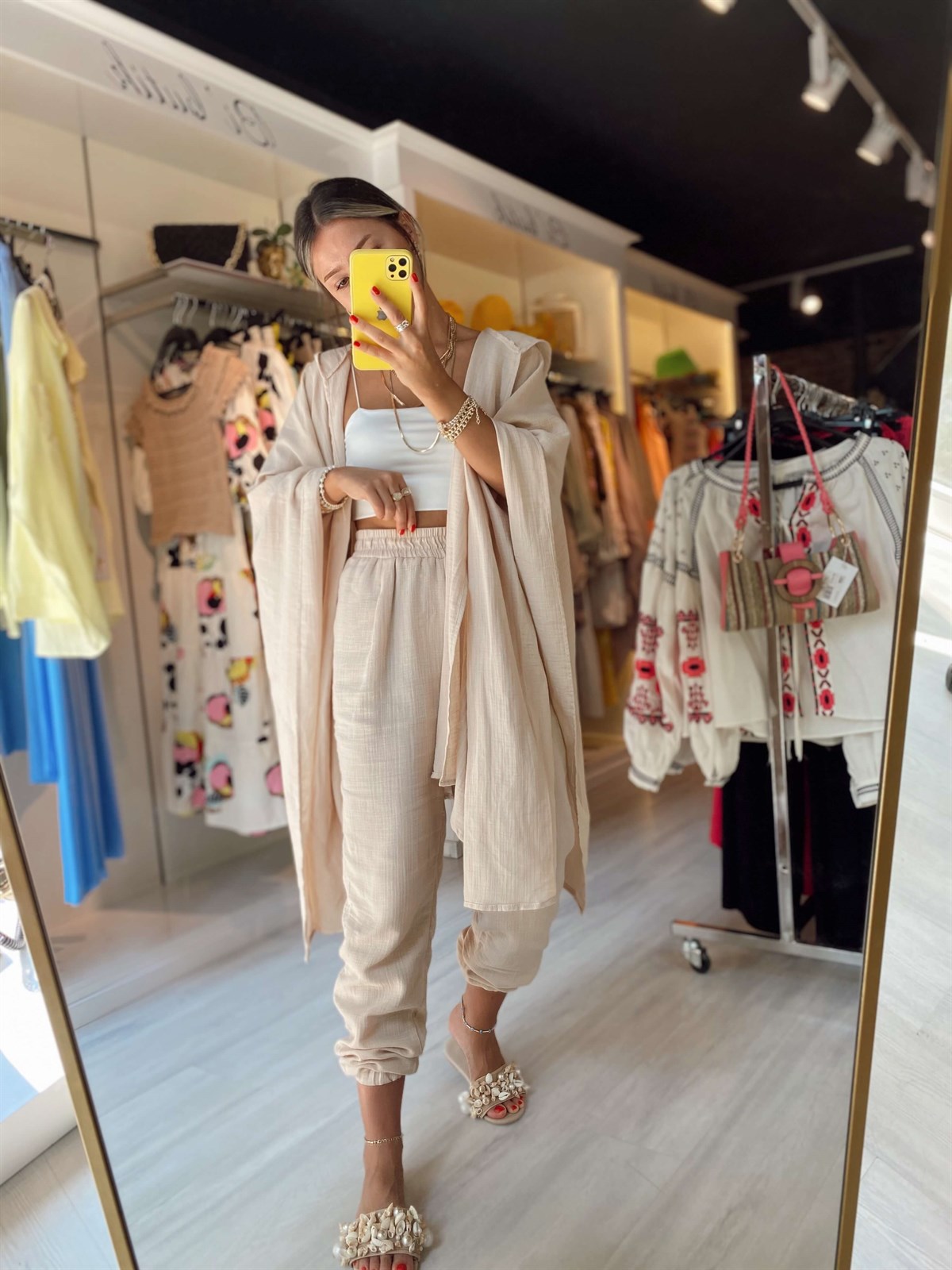 Bej Rengi Kapşonlu Panço Takım