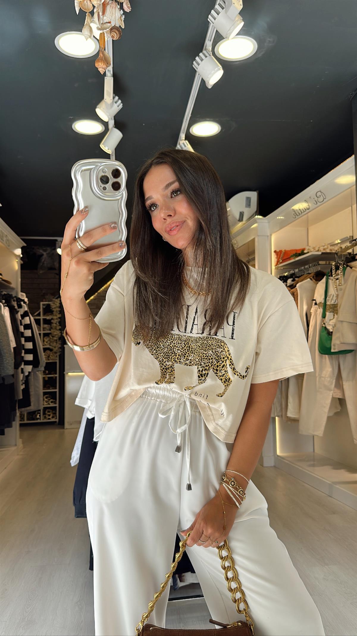 Bej Renk Leopar Desenli Crop Tshirt