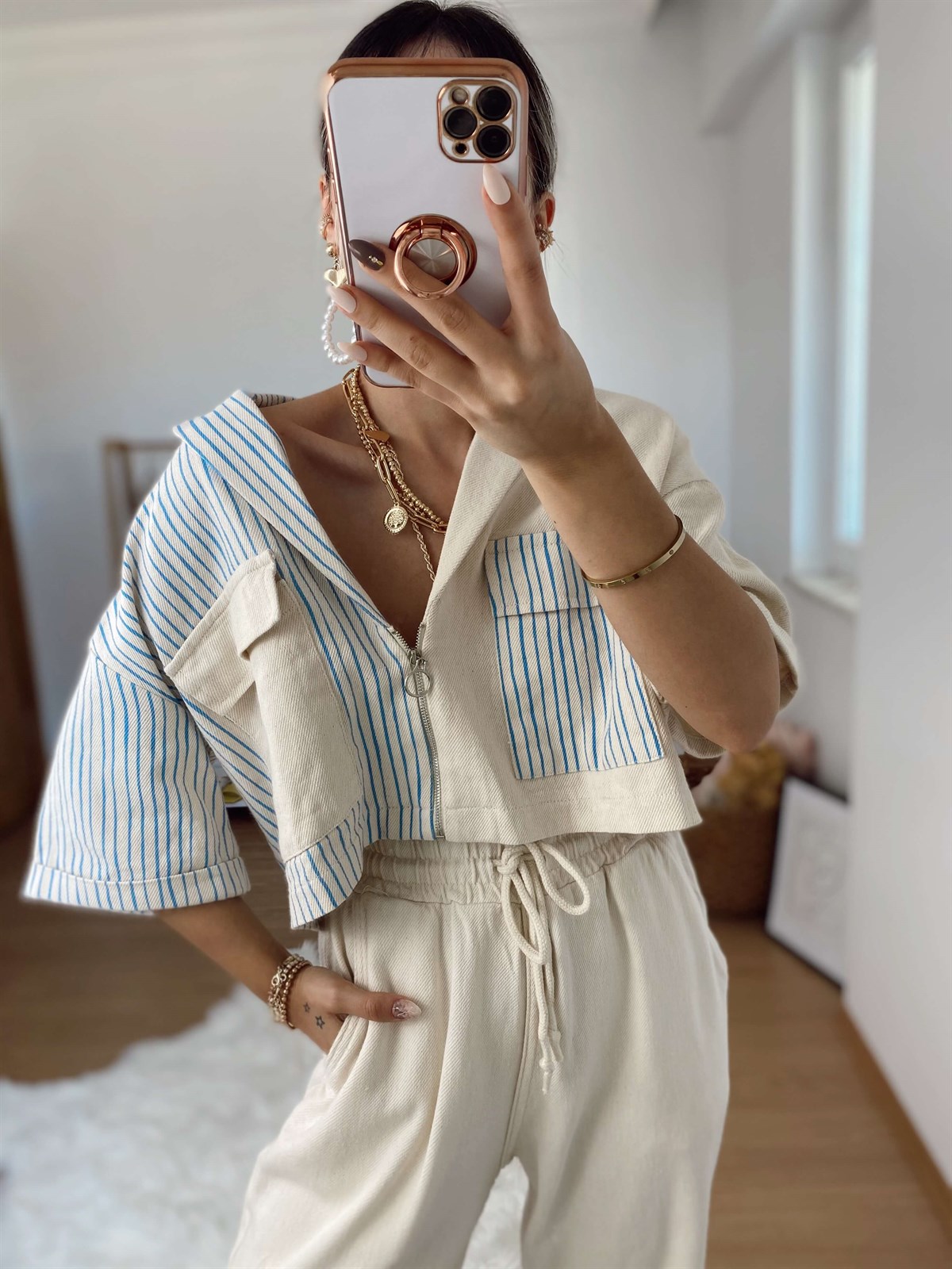 Bej Renk Mavi Çizgili Keten Ceket