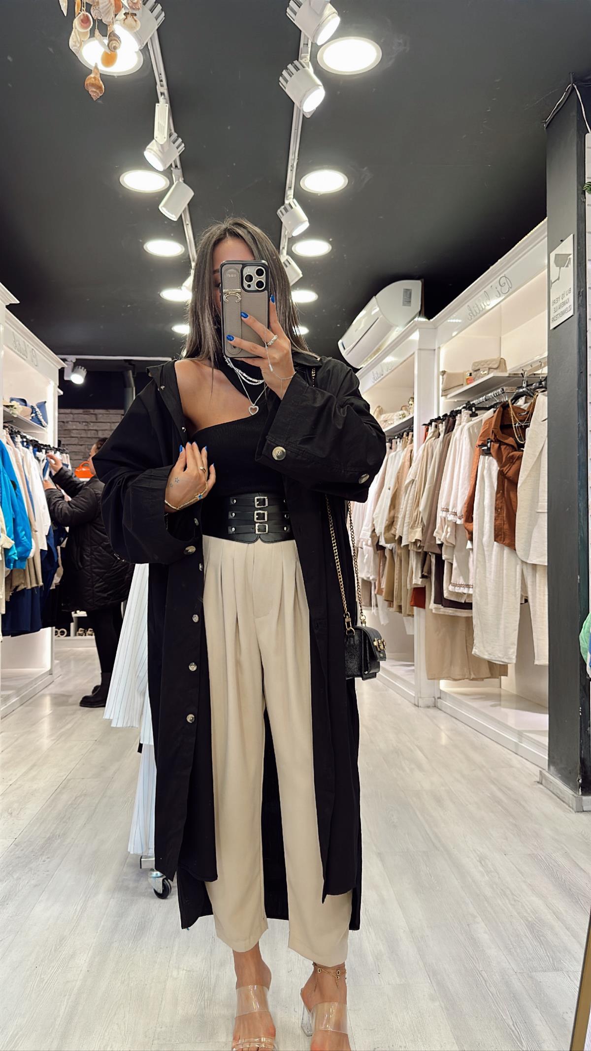 Bej Renk Pileli Korse Kemerli Şalvar Pantolon 