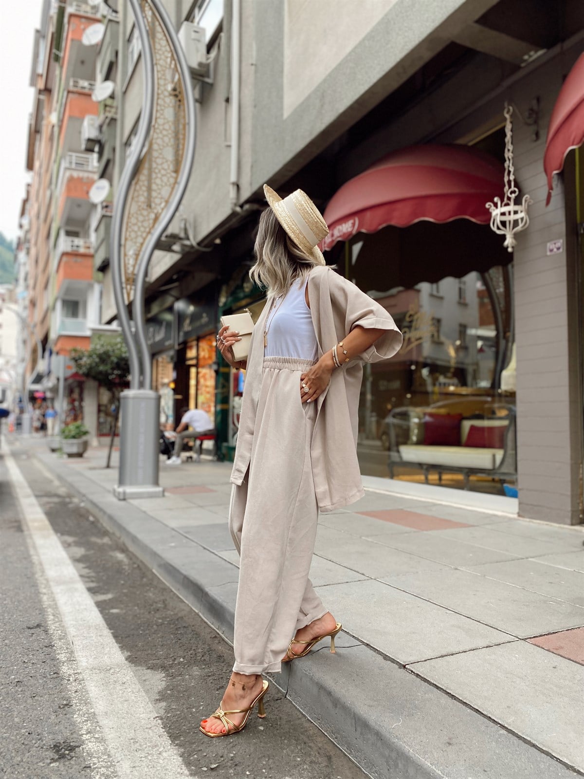 Bej Renk Şalvarlı Keten Kimono Takım 