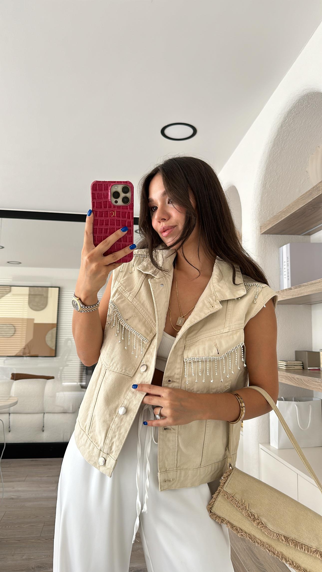 Bej Renk Taş Detaylı Kot Yelek